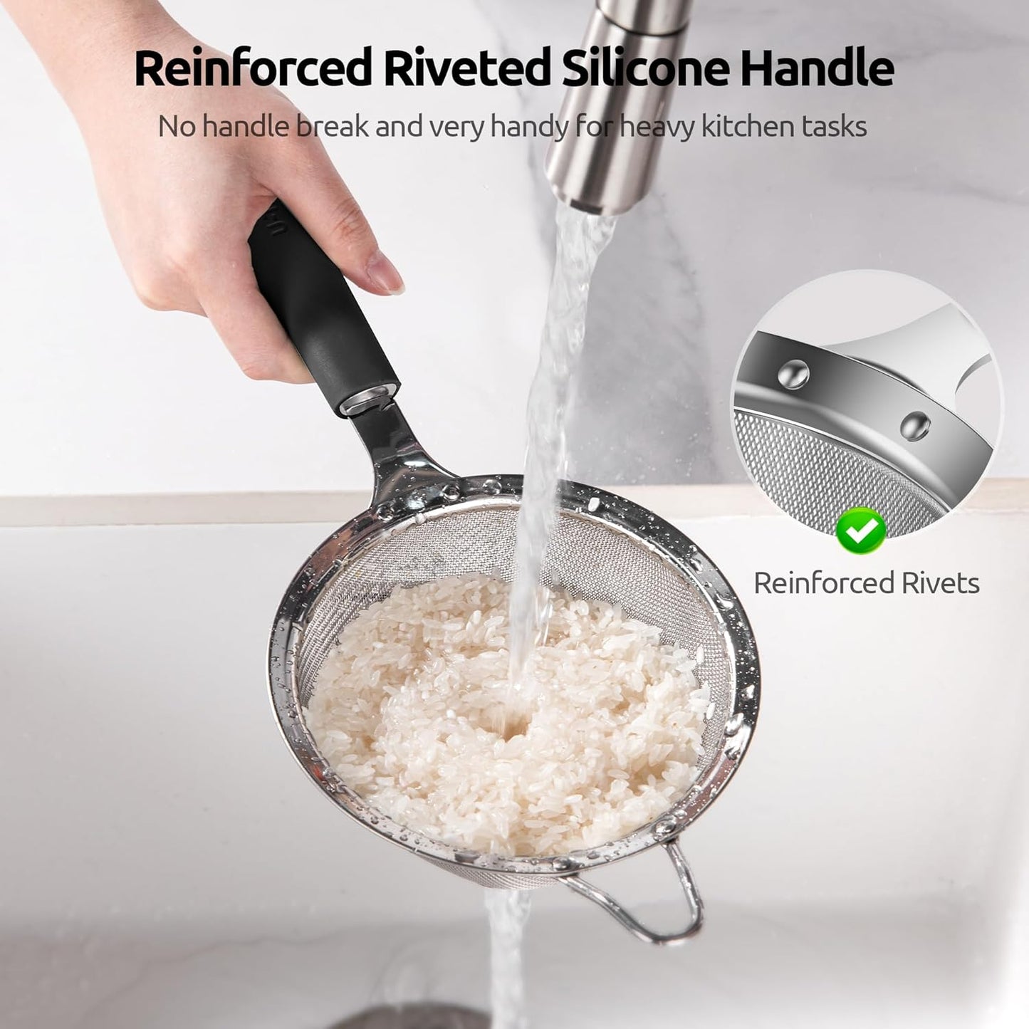 U-Taste Medium Fine Mesh Strainer: 18/8 Stainless Steel 4.73in 30 Mesh Kitchen Food Sieve with Sturdy Riveted Silicone Handle, Heavy Duty Deep Handheld Metal Colander for Rice, Quinoa, Flour (Black)