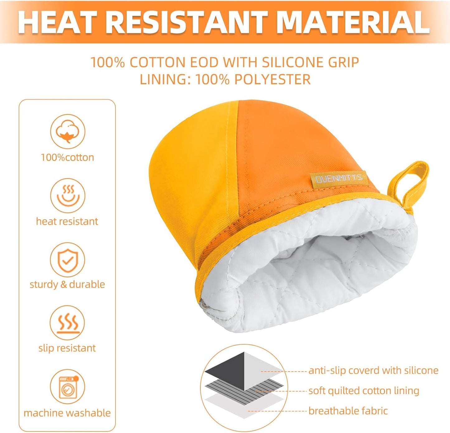 Mini Oven Mitts, Kitchen Oven Gloves Kitchen Mittens 500 Degrees Heat Resistant Baking Gloves, Non-Slip Silicone Surface with Hanging Loops Hot Gloves for Cooking, Baking, BBQ 1 Pair-Orange