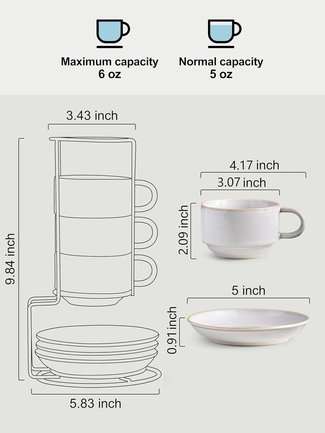 Gomakren 6 Ounce Cappuccino Cups with Saucers and Metal Stand, Stackable Coffee Cup Set of 4, Porcelain Espresso Cups for Coffee Drinks, Cappuccino, Latte, Americano, Tea, White