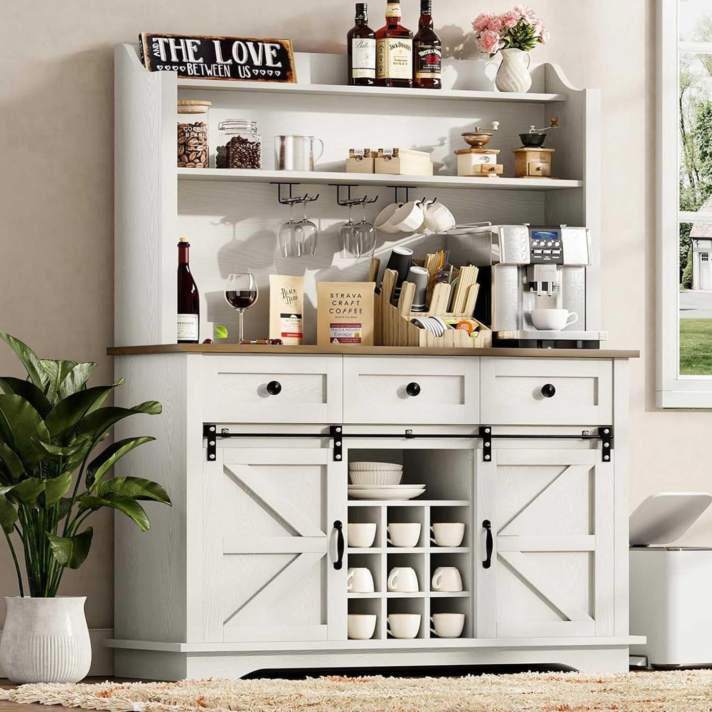 63 Inch Coffee Bar Cabinet with 3-Tier Storage, Kitchen Storage Cabinets with 3 Drawers, Farmhouse Coffee Bar with 9 Racks, 3 Glass Holders, Wine Bar for Living Dining Room, White