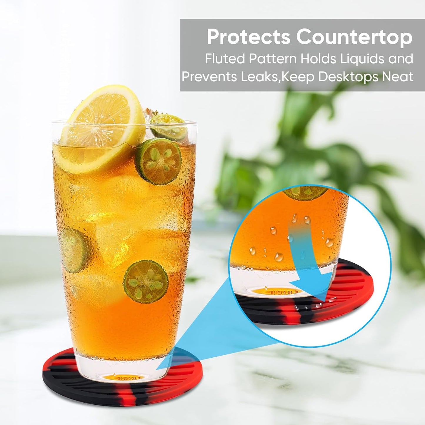 6 Pack Drink Coasters,Coasters for Drink with Holder,Non-Slip Silicone Cup Mat,Rubber Coaster Live for Hot or Cold Drink,Fits Any Size of Cups(Black Red)