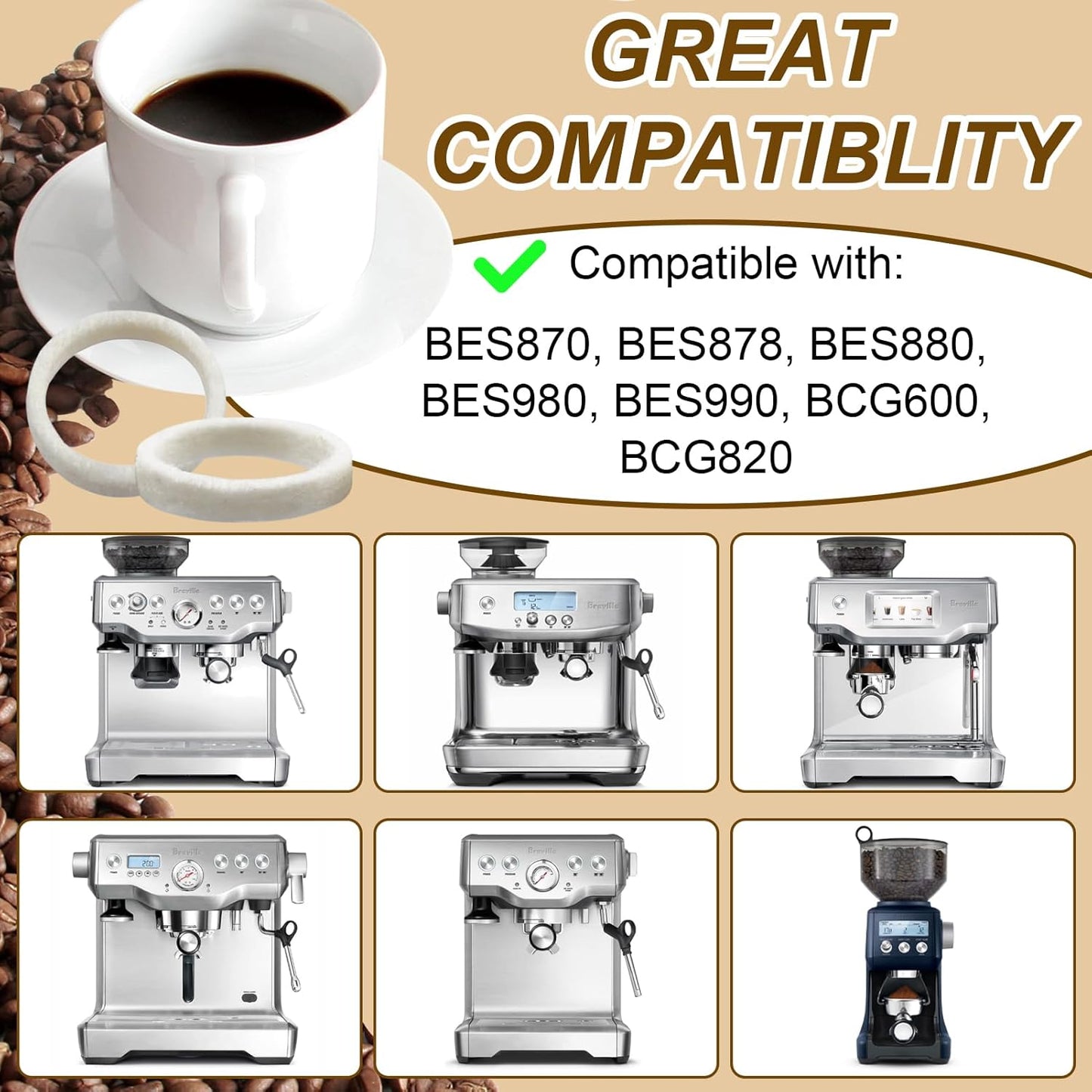 10Pcs Felt Washer Replacement for Breville Espresso Machine Grinders, Compatible with BES870, BES878, BES880, BES980, BES990, BCG600, BCG820, Breville Espresso Machine Parts