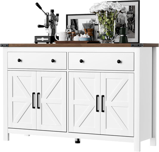 55" Sideboard Buffet Cabinet with Storage, Coffee Bar Cabinet with 2 Drawers and 4 Barn Doors, Long Storage Cabinet Modern Farmhouse, White Wood, for Kitchen, Dining Room, Living Room