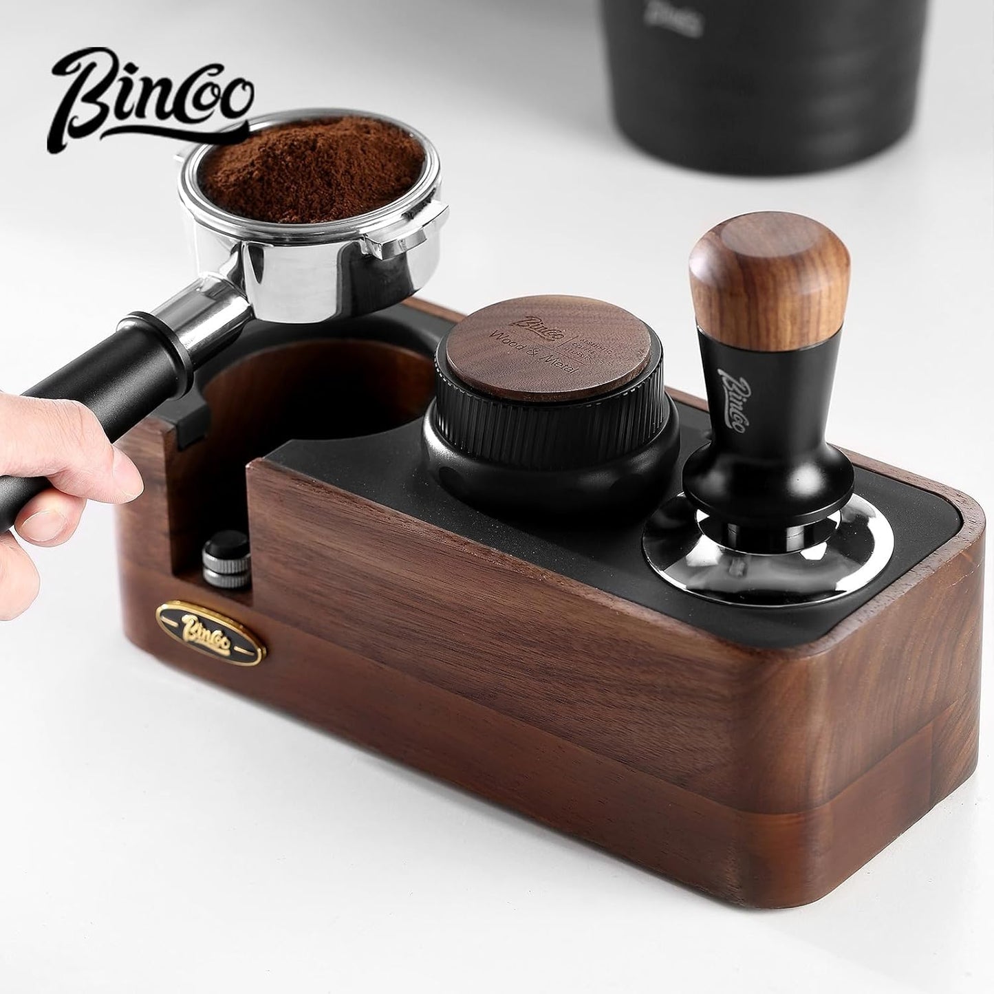 Bincoo Espresso Tamper Station - Walnut Wood Espresso Organizer for Storage 51-58mm Tamper,Distributor,Portafilter,Puck Screen,Coffee Station Holder for Coffee Bar, Adjustable Height