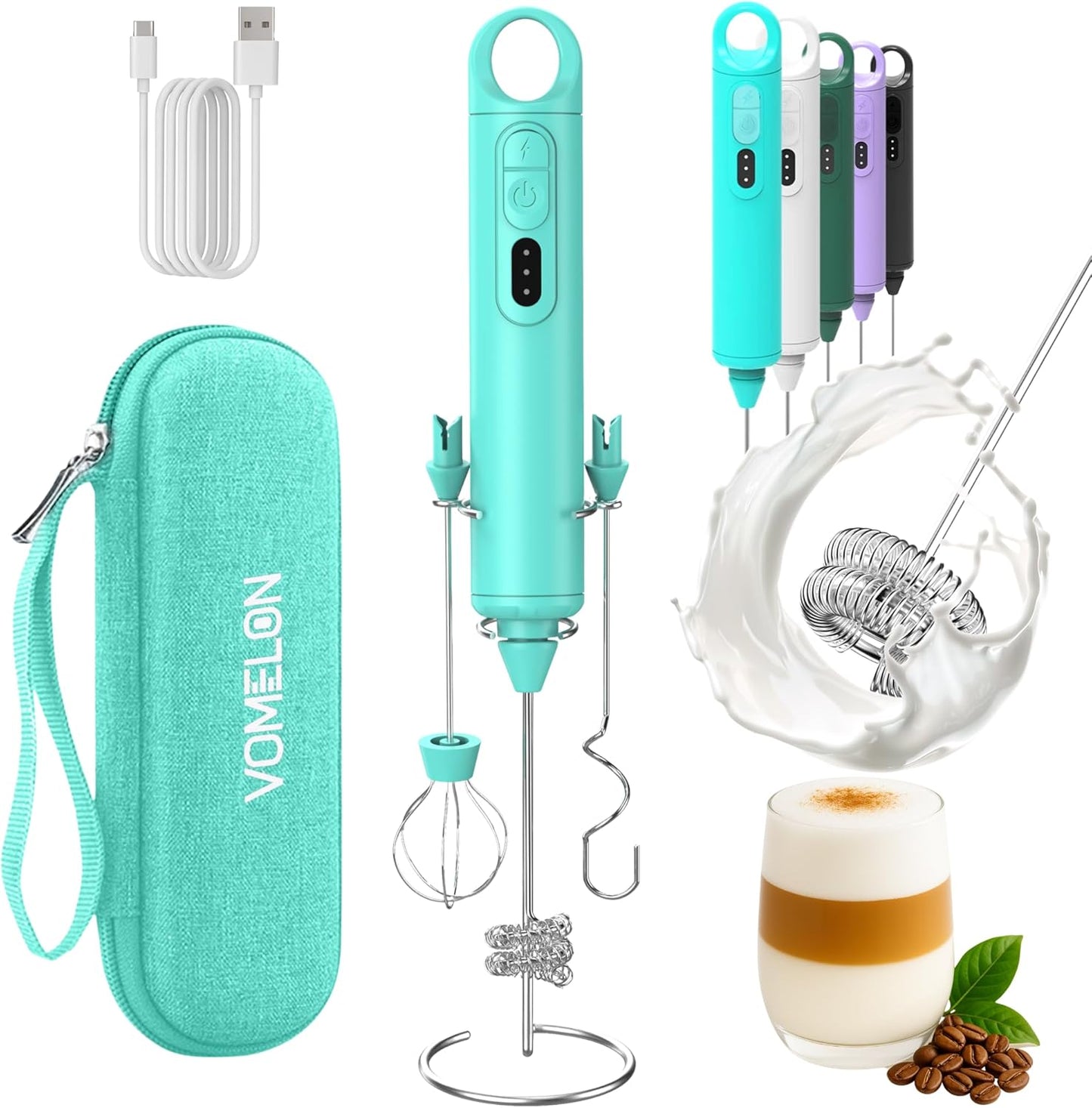 Rechargeable Milk Frother Handheld 3 Speed Coffee Foamer [3 Whisk] Electric Drink Mixer for Latte, Cappuccino, Coffee, Eggs, Hot Chocolate, Mint