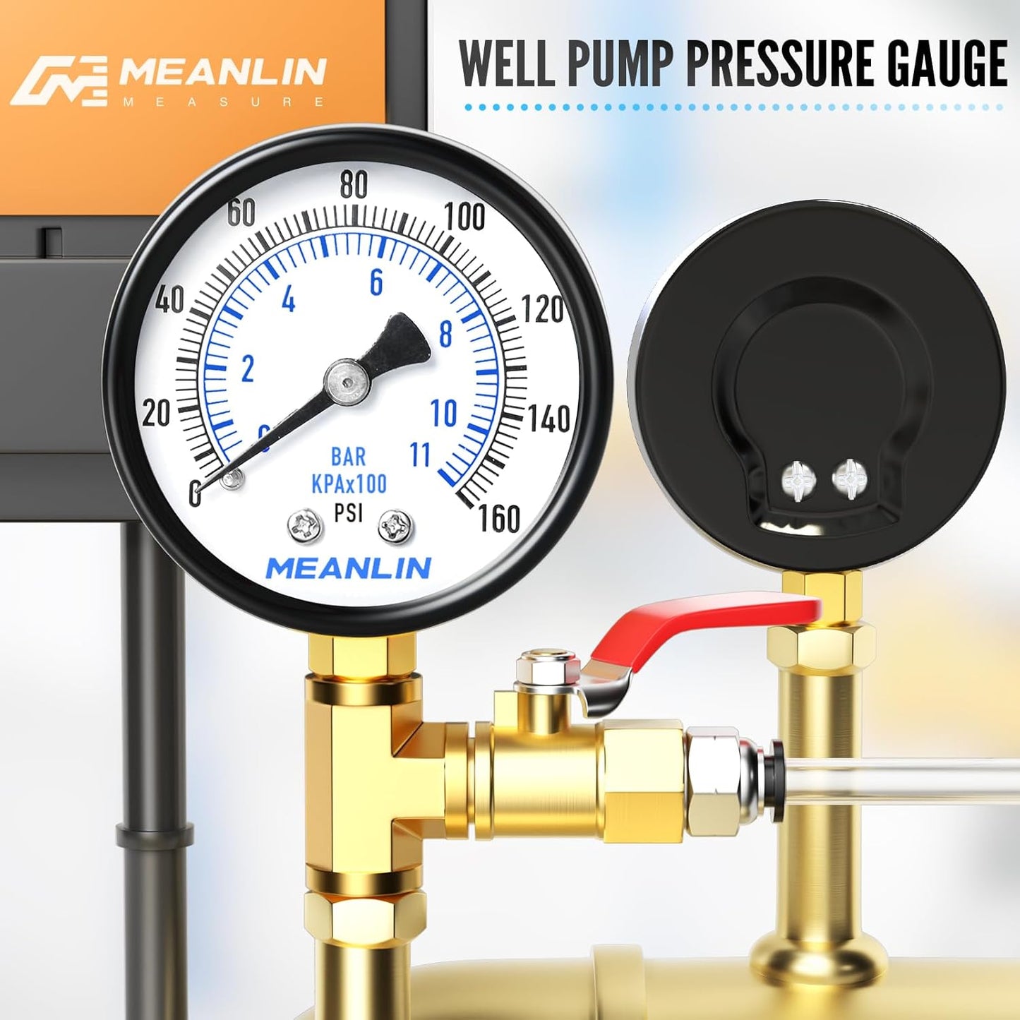 MEANLIN MEASURE 0-160Psi Well Pump Pressure Gauge 1/4" NPT 2" FACE DIAL for Air Compressor RV Regulator Water Pressure Tester Lower Mount, with Teflon Tape