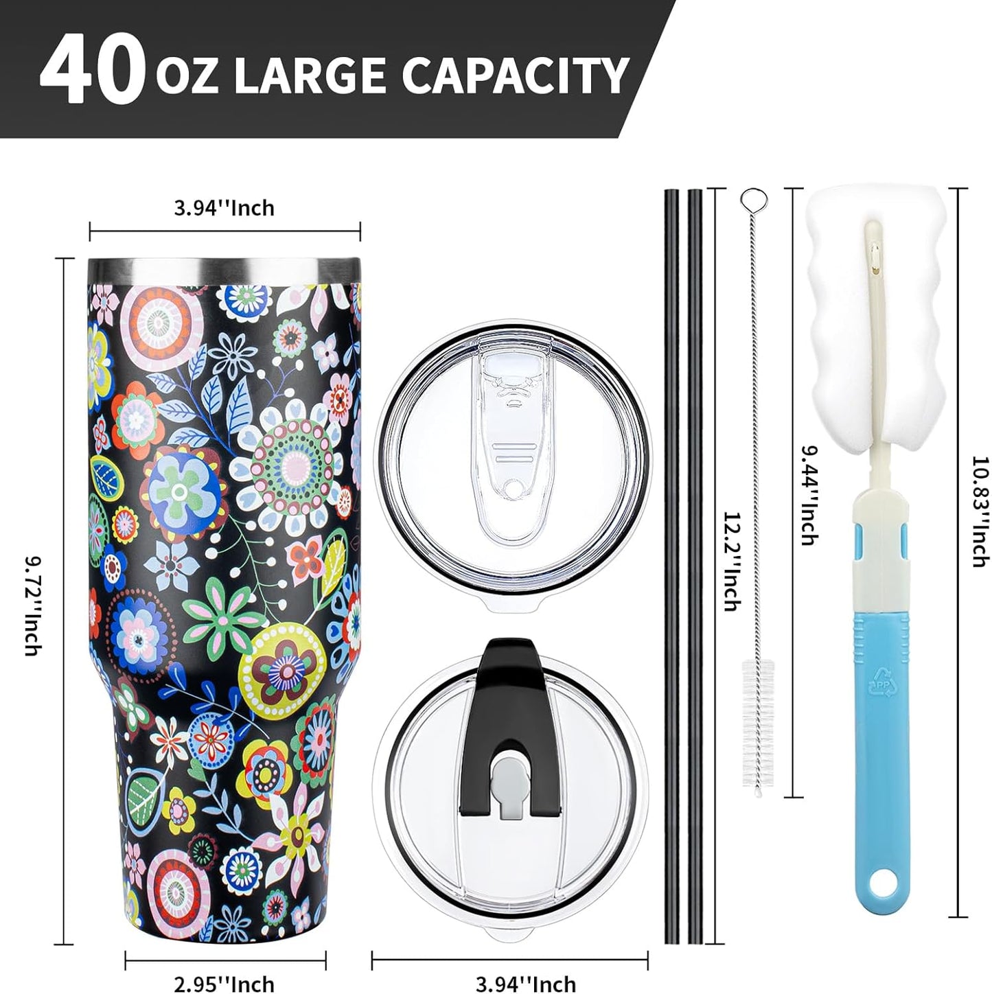 40 oz Tumbler with Lids and Straws, Stainless Steel Insulated Coffee Tumbler, Double Wall Vacuum Insulated Travel Mug Cup, Leakproof Thermal Coffee Cup for Hot and Cold Drinks (Flower)