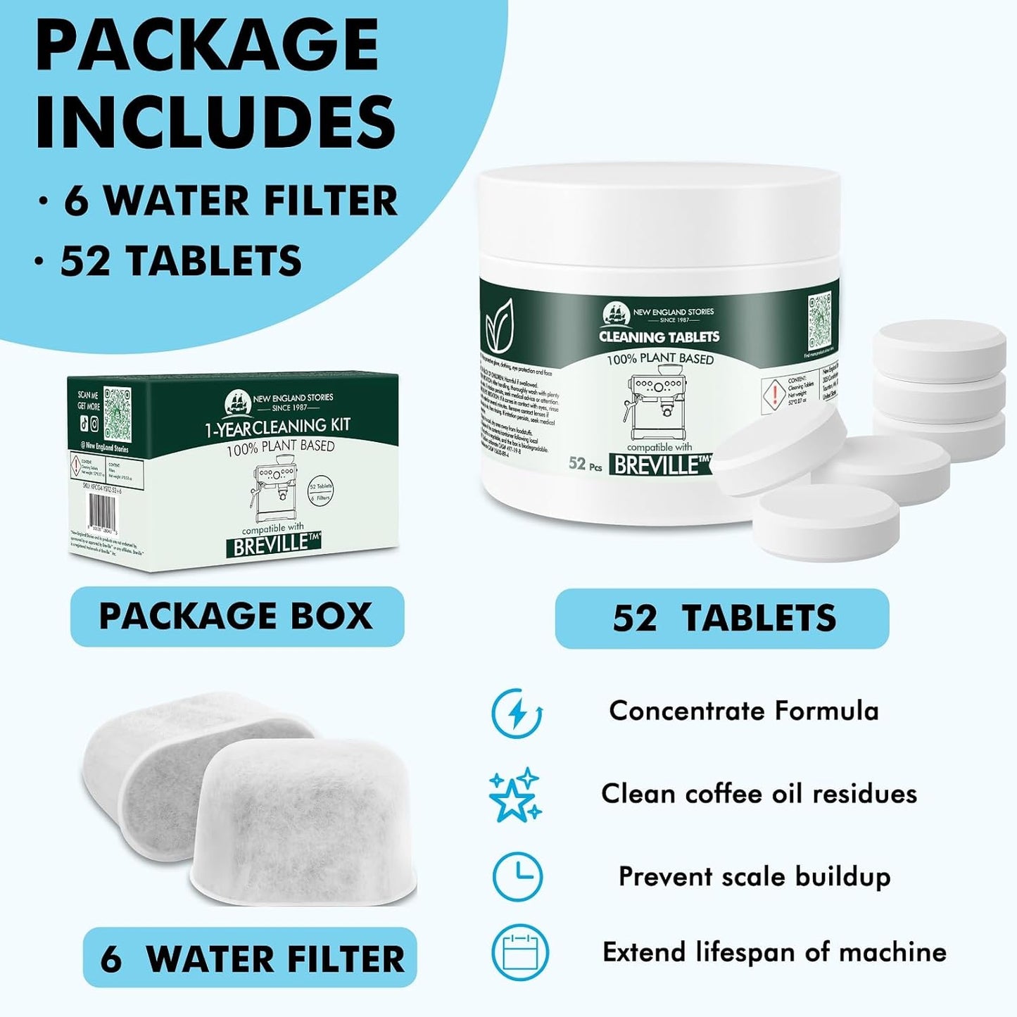 6 Pack Breville Compatible Charcoal Filters with 52 Cleaning Tablets, 1 Year Breville Compatible Maintenance Kit, Espresso Machine Clean Kit for Breville Barista Pro, Breville Infuser and more