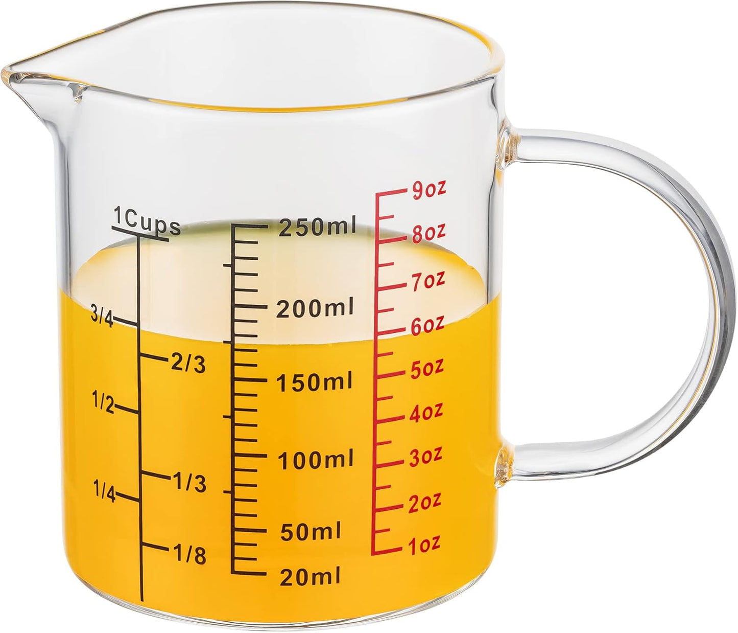 Glass Measuring Cup-[Insulated handle | V-Shaped Spout]-Made of High Borosilicate Glass Measuring Cup for Kitchen or Restaurant, Easy to Read, 250 ML (8 Oz, 1 Cup)