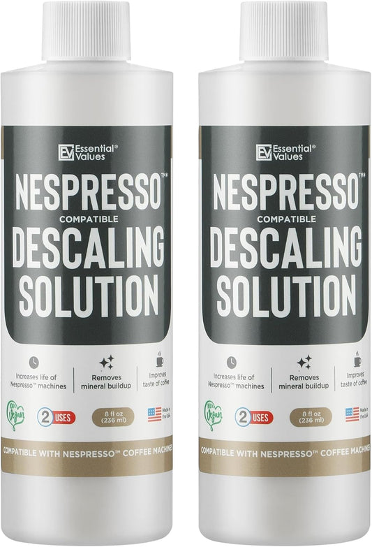 Essential Values Descaling Solution Compatible with Nespresso - Coffee Descaler - Coffee Maker Cleaner - Kettle, Espresso Machine Cleaning - 12 Month Supply 2-Pack