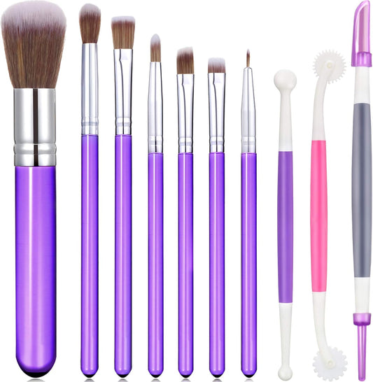 Patelai 10 Pcs Food Safe Paint Brushes Fondant Tools for Cake Baking Chocolate Sugar Cookie Decoration Cake Brushes for Luster Dust Pastry Decorating Supplies with Fondant and Gum Paste Tool(Purple)