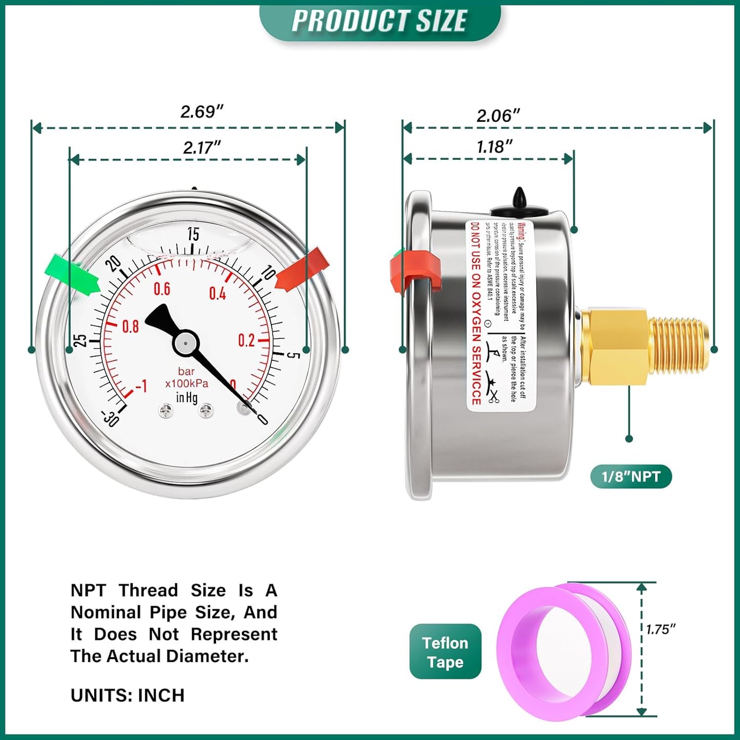 -30inHG-0PSI Stainless Steel Liquid Filled Pressure Gauge, 2.5" Dial Size, 1/8" NPT Back Mount, for Tube, Water Pump, Gas, Liquid, Pressure Test (with Range Mark Pointer)