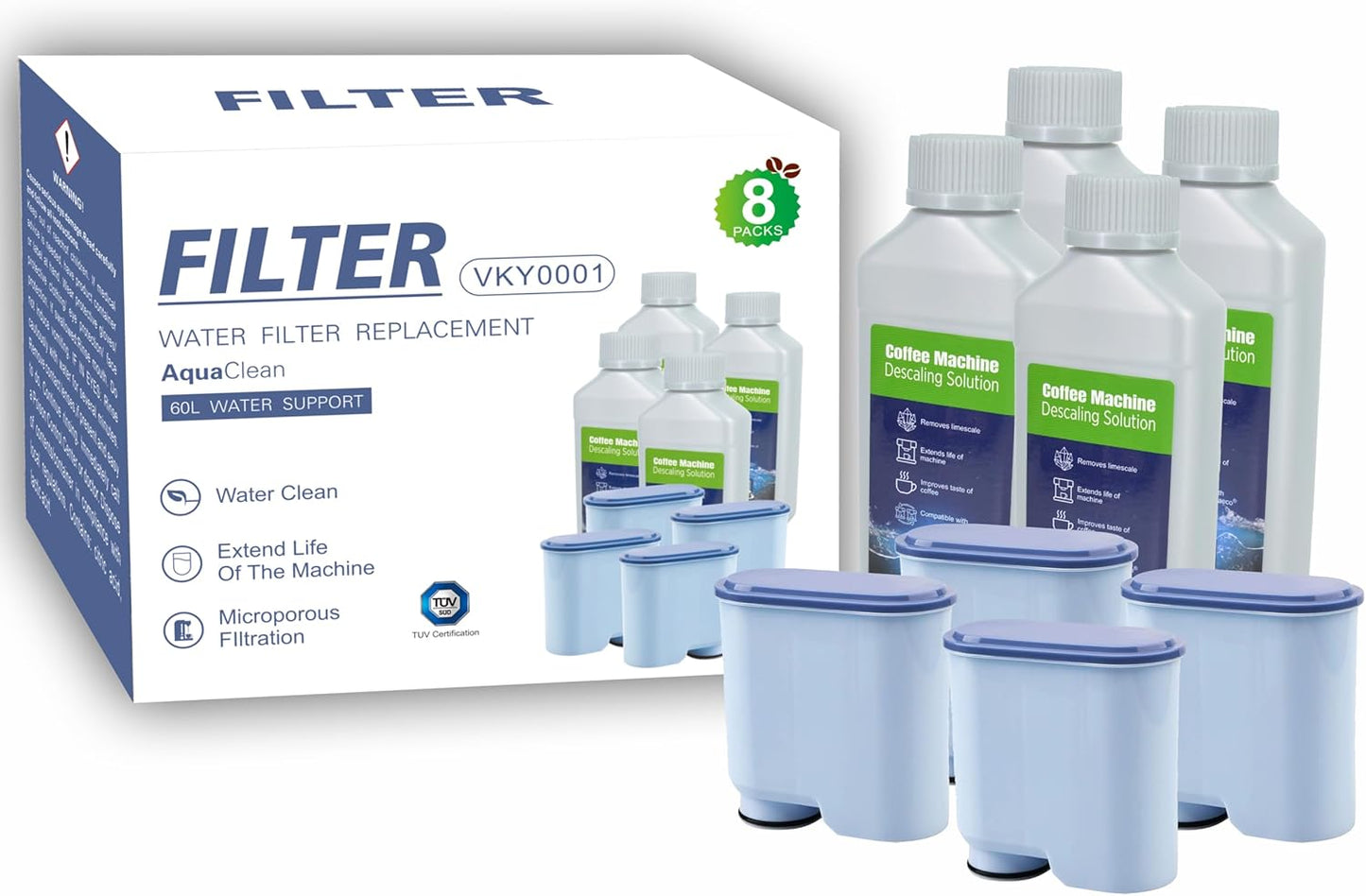 AquaClean Compatible Water Filters (4-Pack) & Descaling Liquid (250ml x 4) - Replacement for Philips Coffee Machines (8)