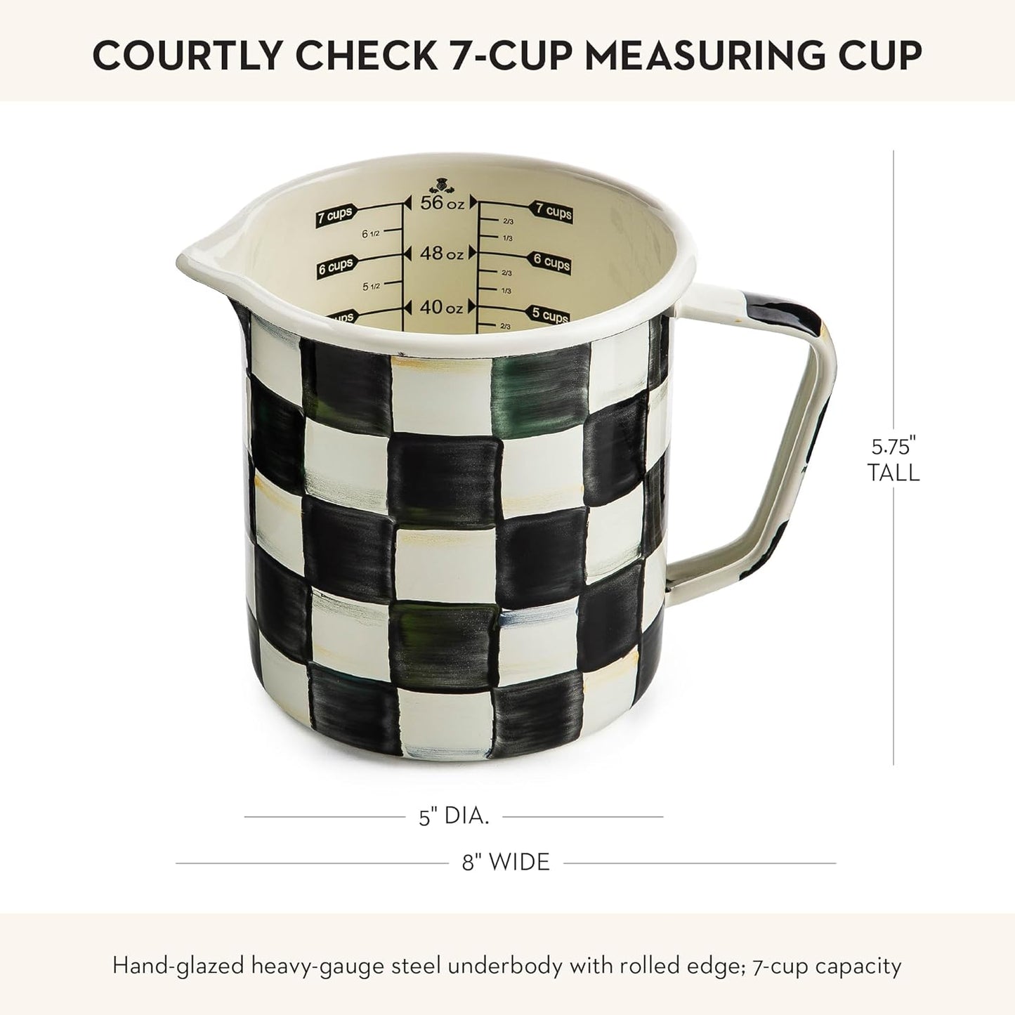 MACKENZIE-CHILDS Enamel 7-Cup Measuring Cup, Decorative Measuring Cup with Spout, Black-and-White Courtly Check
