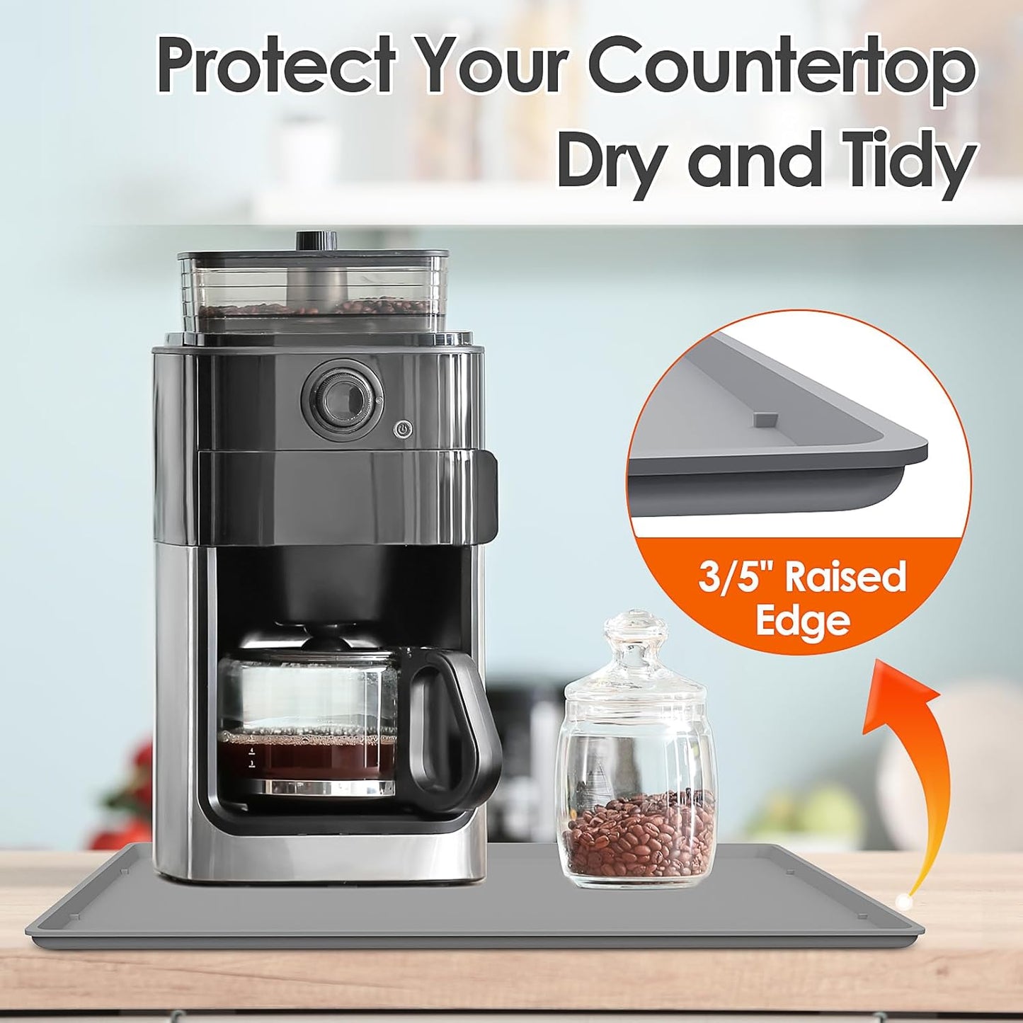 TOHONFOO Silicone Coffee Mat with Lip, 19.7'' x 15'' Heavy Duty Bar Mat, Coffee Tray for Countertop Fit Under Machine Pot Espresso Machine, Grey