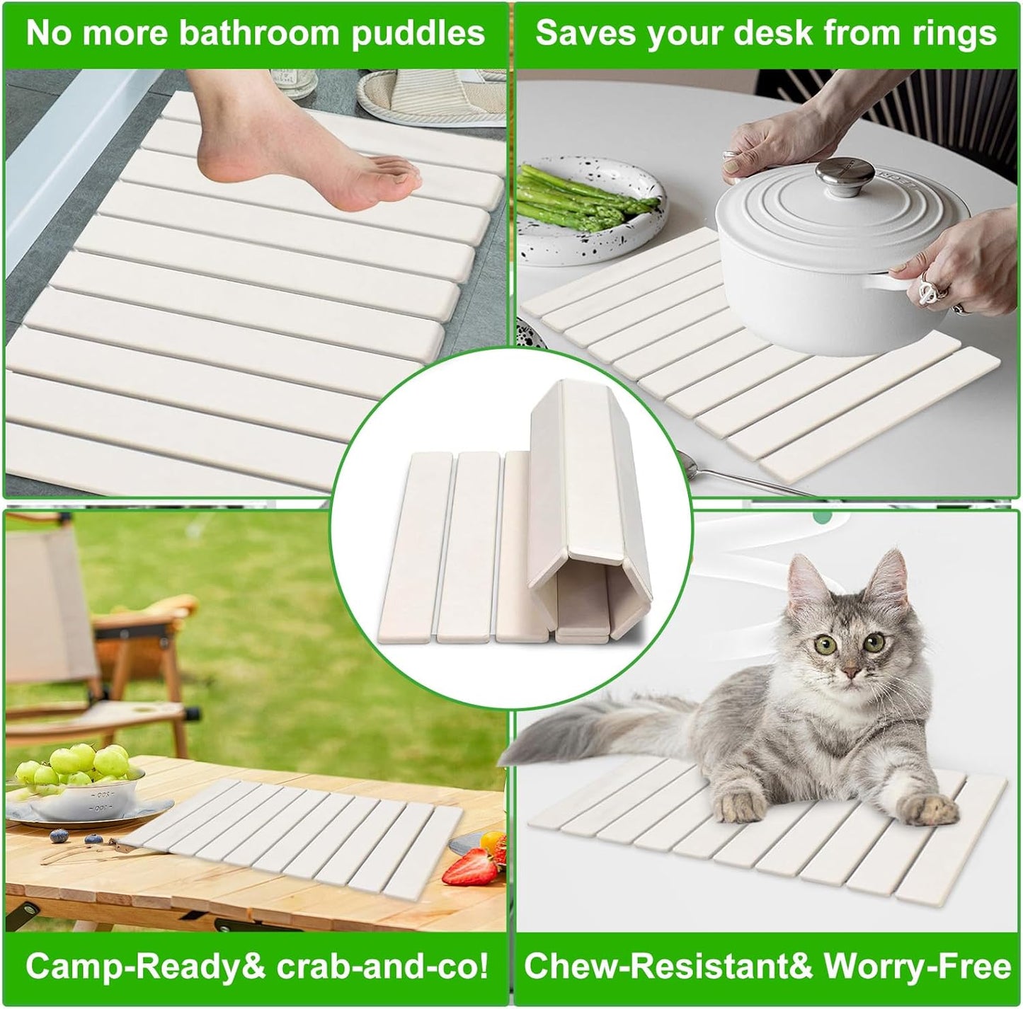 Large Stone Dish Drying Mats for Kitchen Counter, 24"×16", Collapsible quick dry stone mat kitchen, Eco-Friendly, Absorbent Diatomaceous Earth Mats for Dishes Bottles Cups, Match Any Countertop