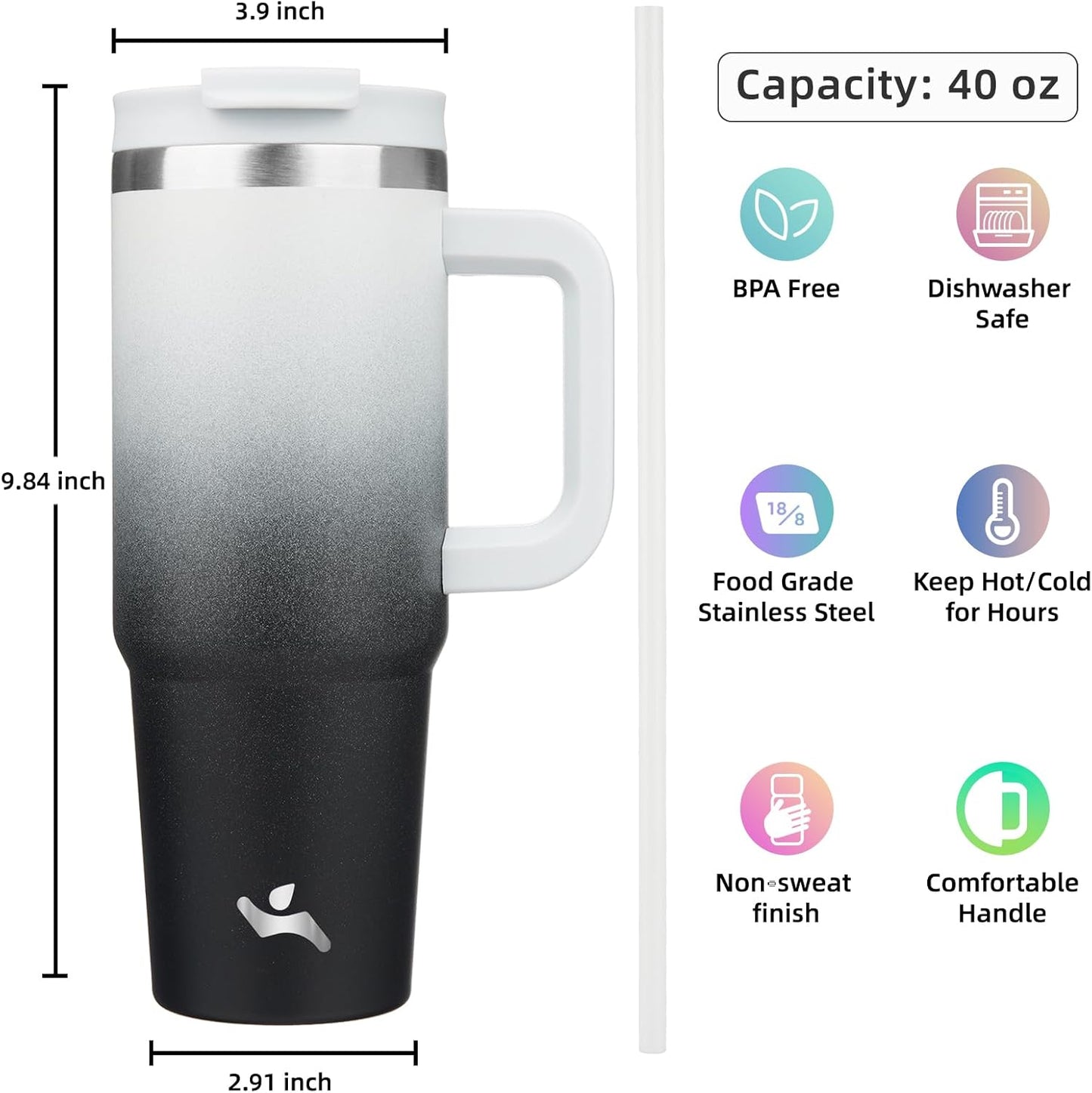 40 oz Tumbler with Handle and 2 Straws,2 in 1 Lid Insulated Water Bottle Stainless Steel Travel Coffee Mug,Day Night