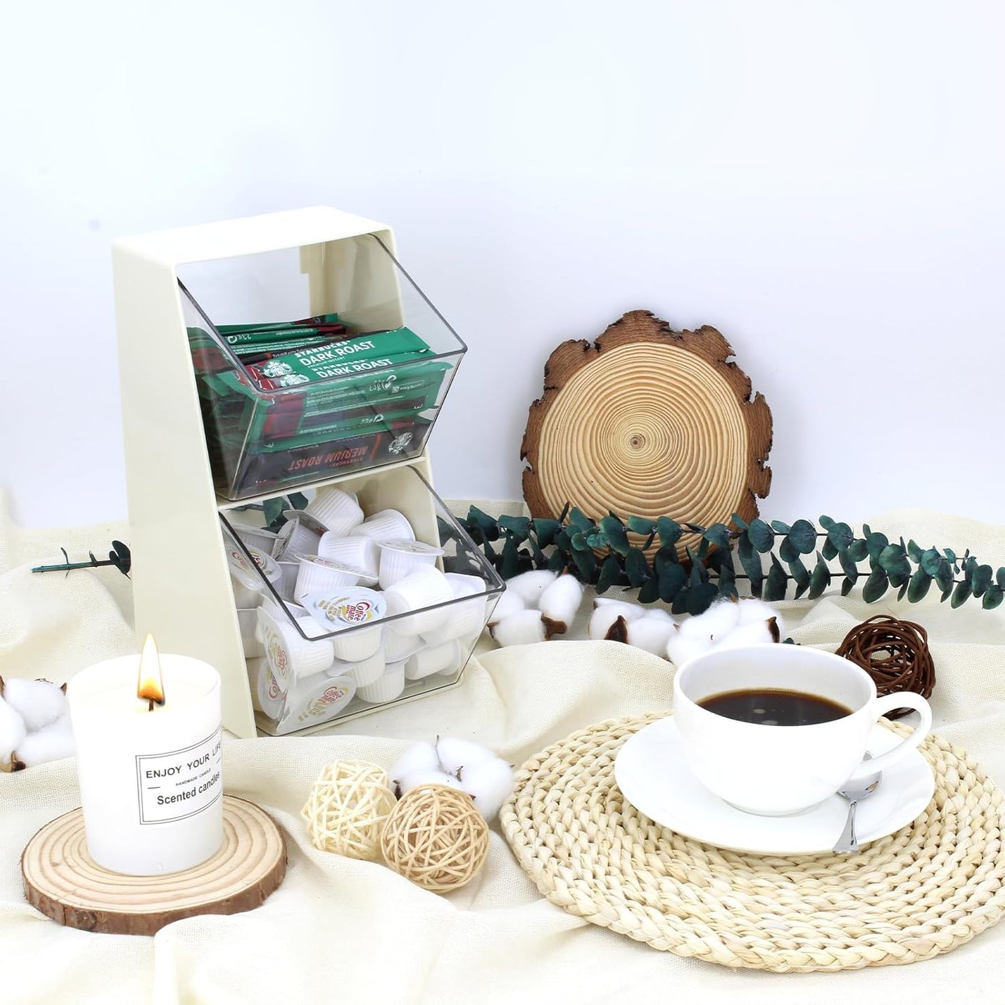 Bokelai Coffee Pod Holder with 2 Large Capacity Basket K Cup Storage Container Coffee Bar Accessories for Creamer Suger Plastic Desk Organizer Box Tea Bag Organizer Creamy White/Clear