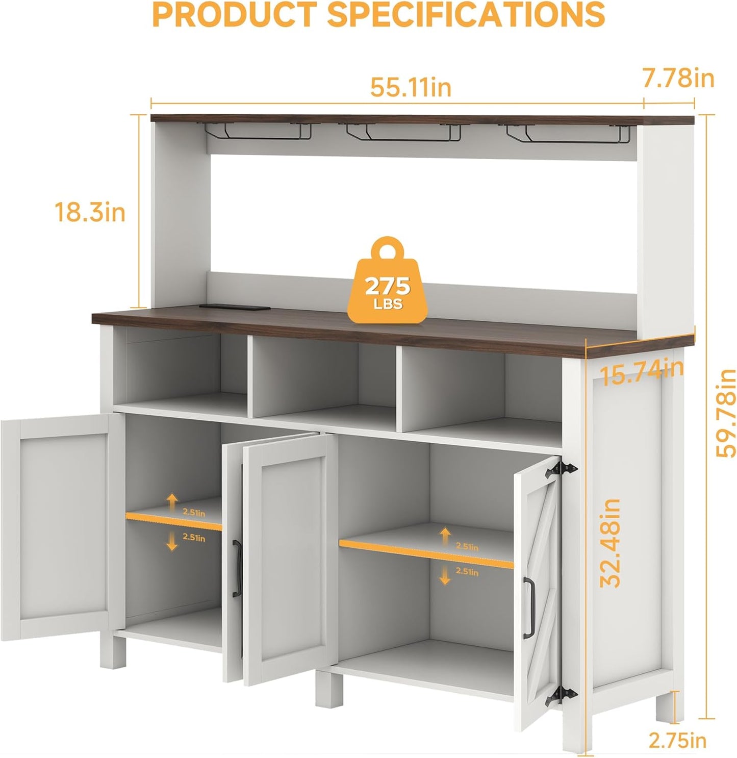 Buffet Sideboard with Storage Hutch with Power Outlets 4 Doors, Large Farmhouse Kitchen Storage Cabinet Wood Coffee Bar Cabinet with Goblet Holder and Cup Hooks for Kitchen, Dining Room, Entryway