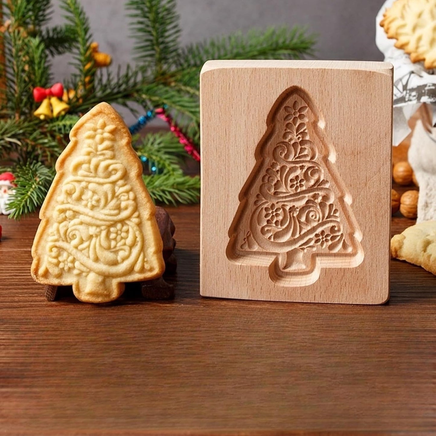 MOTEERLLU Wooden Cookie Molds Baking, Wood Cookie Stamp Cutter Carved Biscuit Embossing Gingerbread Mold