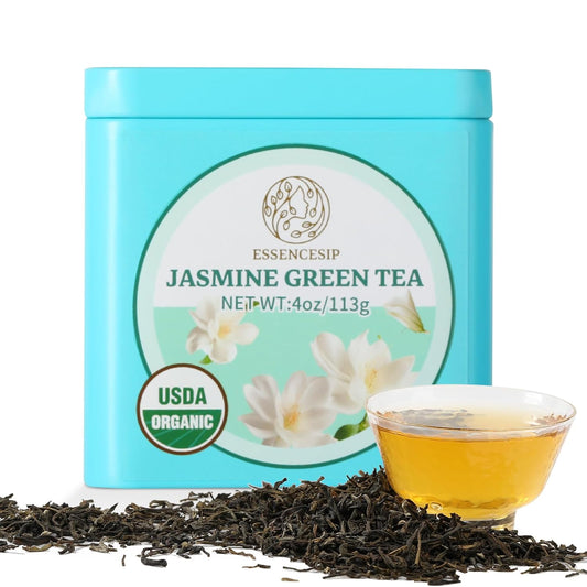 Essencesip Organic Jasmine Green Tea Loose Leaf, 4oz Tin – Scented 5x with 6,000 Fresh Jasmine Blossoms, Low Caffeine, Antioxidant-Rich