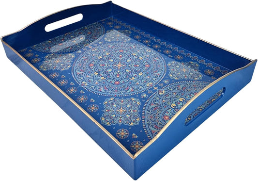Boho Blue Decorative Tray, Serving Tray with Handles, Plastic Tray for Coffee Table, Ottoman - Ideal for Living Room & Bathroom. 15” x 11” x 2.5”