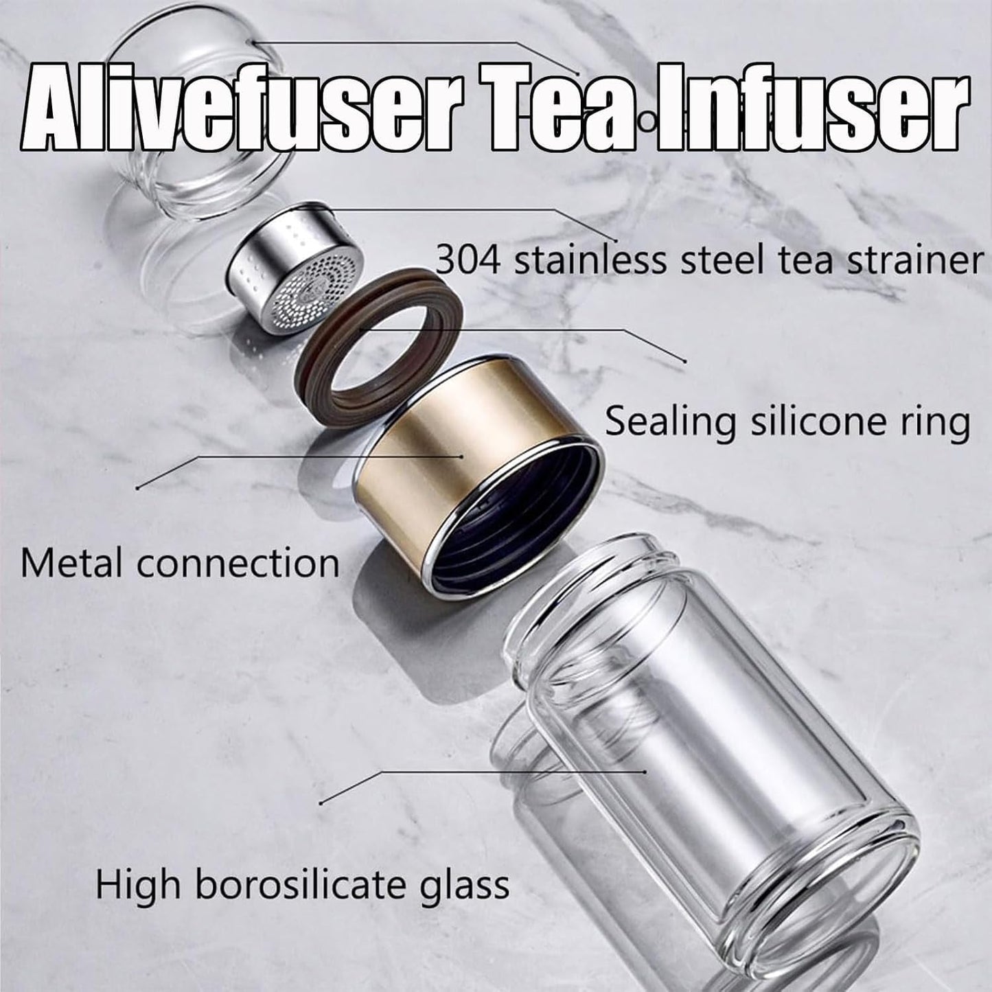 Tryteava Glass Infuser, Tryteava 3-in-1 Smart Tea Infuser, Portable Glass Double Wall Tea Infusers Bottle, with Stainless Steel Filter, Hot & Cold Brew, For Loose Leaf, Office Home (Black, 280ml)