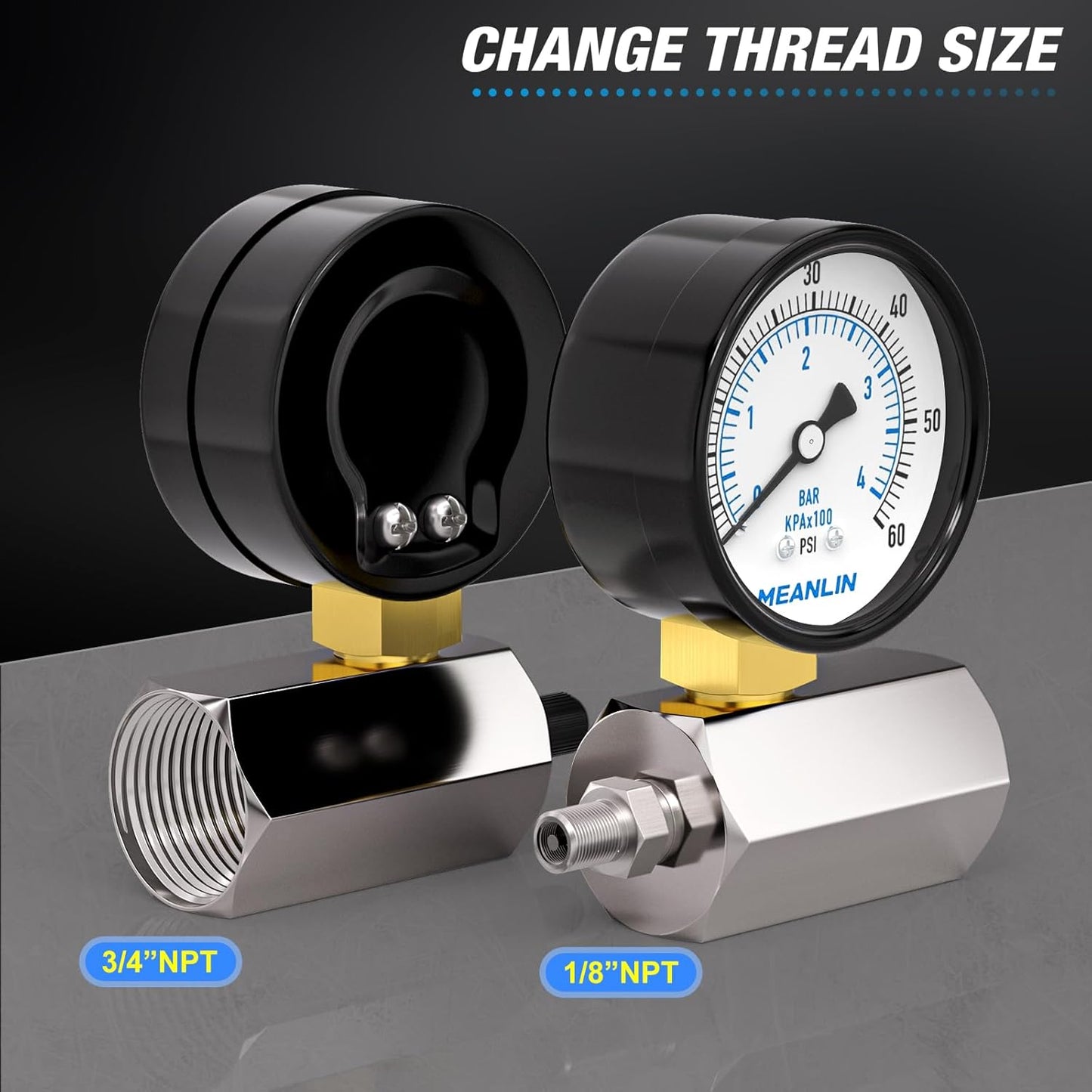 MEANLIN MEASURE 0-60Psi 2" Steel Double Graduated Air Test Pressure gauges, 3/4" FNPT Connection, -3-2-3% Accuracy