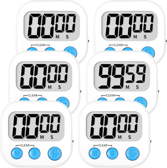 ZILLEEN Kitchen Timer Digital with Magnetic Back for Kids Classroom, White 6 Pack