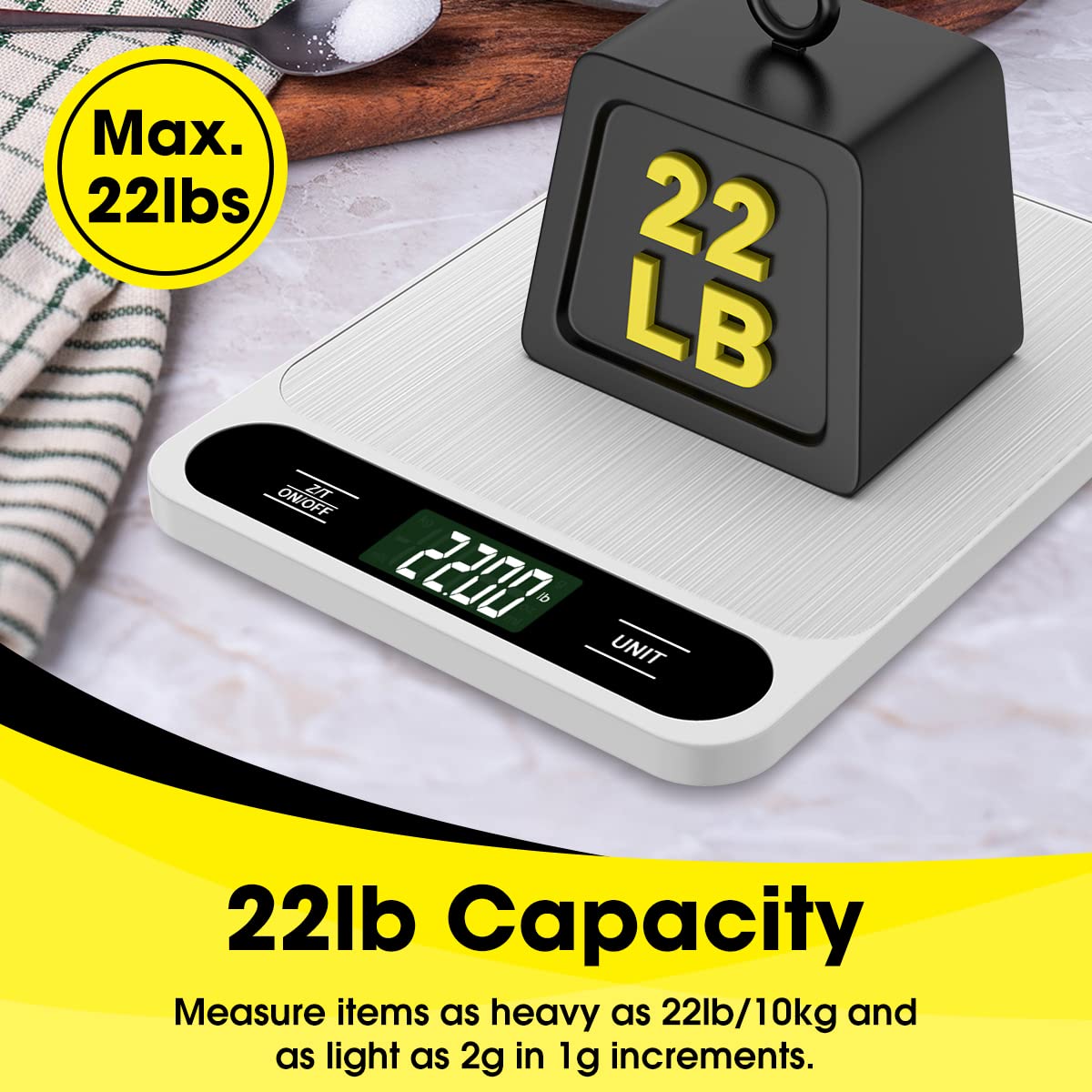 Mik-Nana Food Scale White, 22lb/10kg Digital Kitchen Scale Grams and oz for Baking Cooking and Weight Loss, 1g/0.04oz Precise Graduation, Easy Clean Stainless Steel
