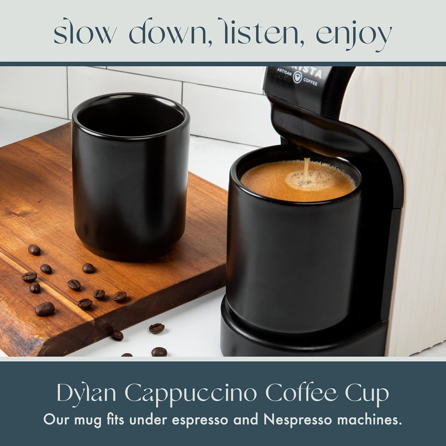 Folk Ceramics Dylan Ceramic Cappuccino Cups Set | Double Walled Ceramic Coffee Mug Set | Compact & Heat Insulated Cappuccino, Tea, Coffee & Latte Cup | 8oz, Set of 2 | Matte Black