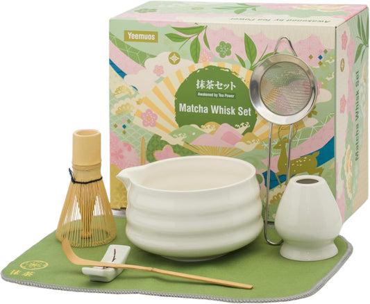 Matcha whisk Set,7 Pcs Matcha Making Kit with whisk Whisk, Ceramic Bowl, Sifter, Scoop, Holder, Stand, and Tea Towel for Ultimate Matcha Experience（White）