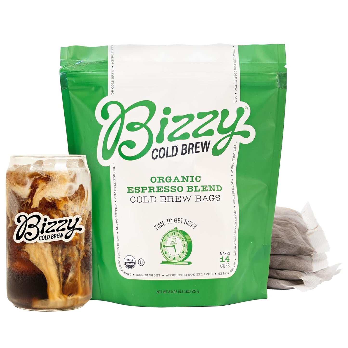 Bizzy Organic Cold Brew Coffee | Espresso Blend | Coarse Ground Coffee | Medium-Dark Roast | Micro Sifted | Specialty Grade | 100% Arabica | Brew Bags | 4 Count | Makes 14 Cups