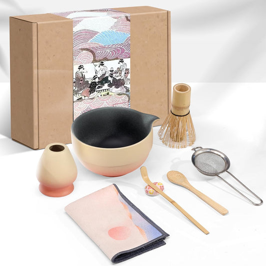 Matcha Whisk Set,includes Matcha Bowl,Matcha Whisk and Holder by Bamboo, Spout, Matcha Sifter Strainer Spoon Scoop Chasen Holder Towel- Perfect Japanese Matcha Set(8 Pcs Pink)