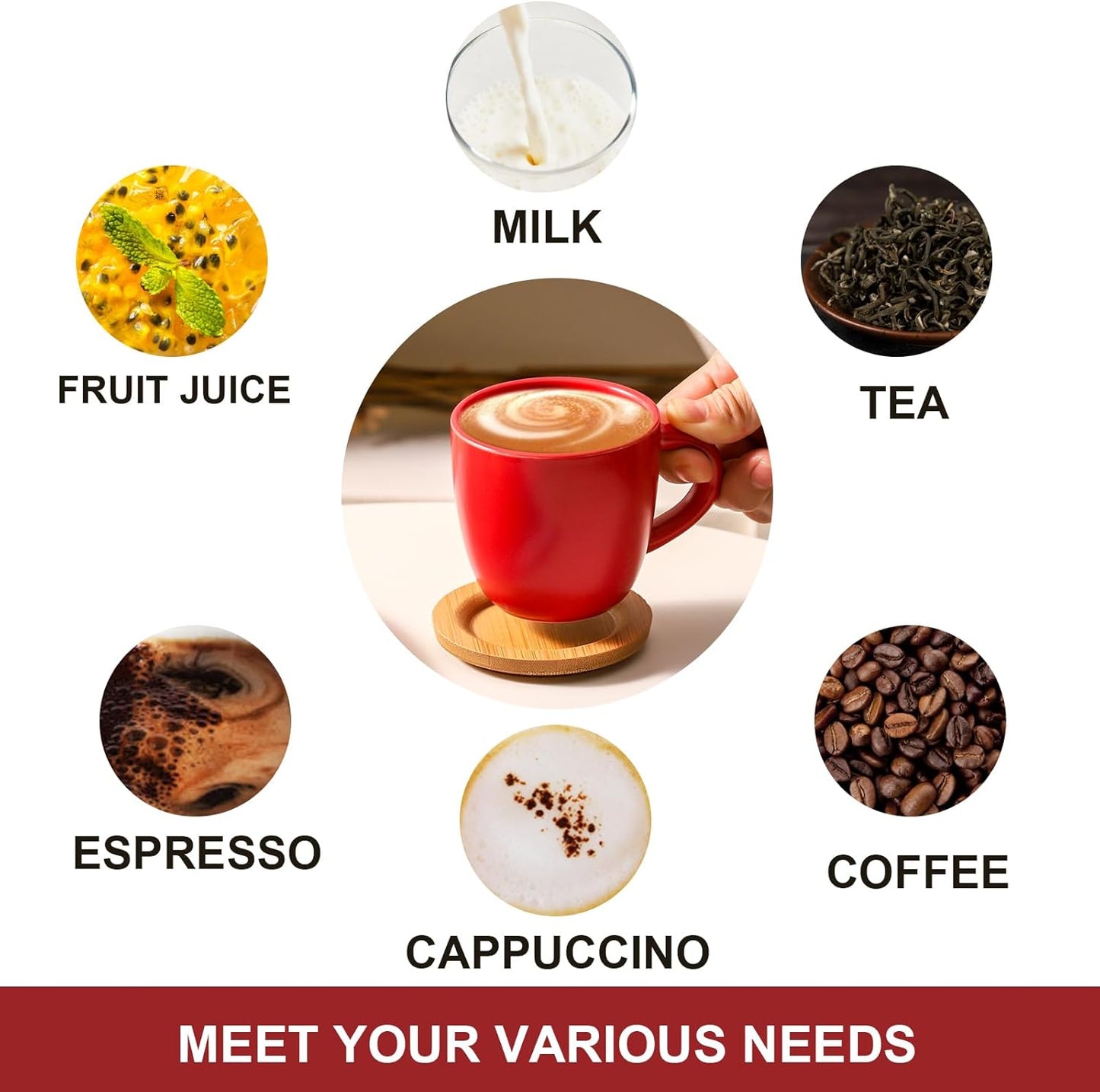 Hasense Cappuccino Cups with saucers, 6 Ounce Ceramic Coffee Mugs Set of 6 Perfect for Espresso, Specialty Coffee Drinks, Latte, Cafe Mocha and Tea, Red