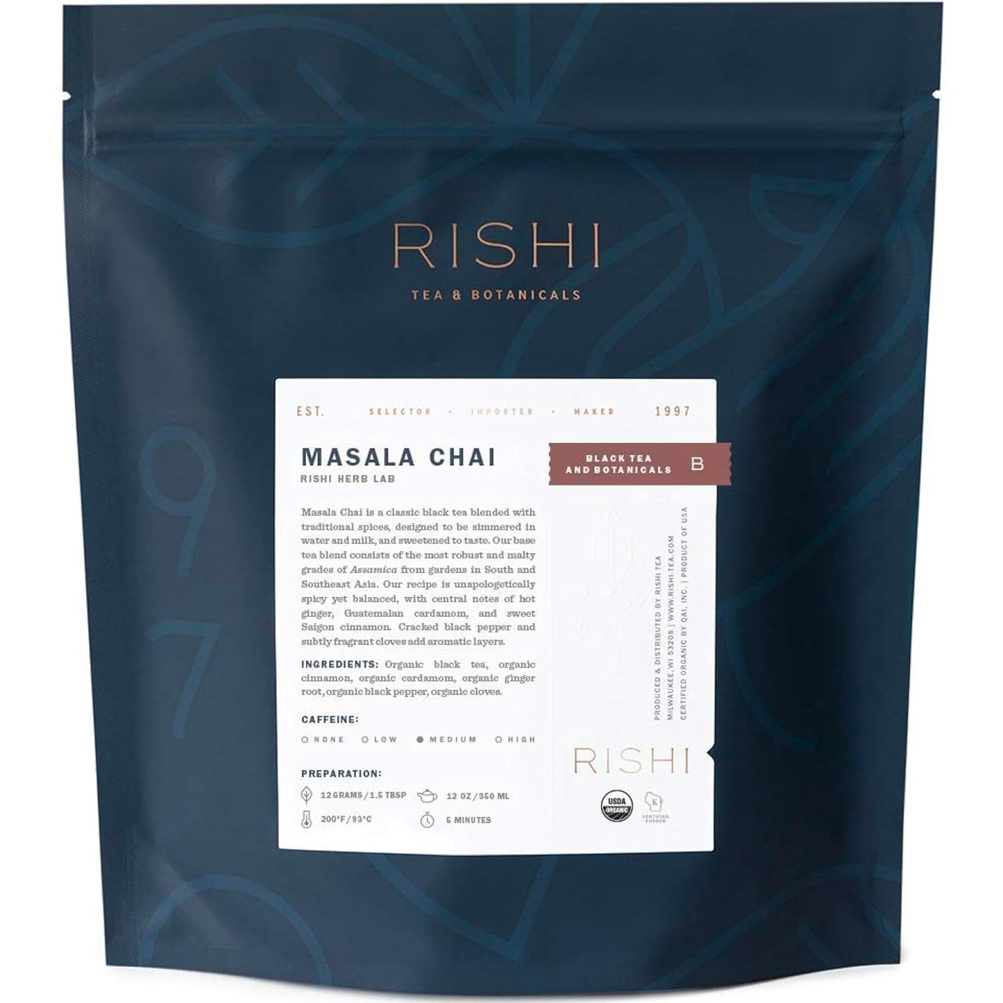 Rishi Tea Masala Chai Black Loose Leaf Tea Blend - Organic, Assam with Whole Spices, Energizing & Caffeinated - 16 Ounces, 37+ Servings