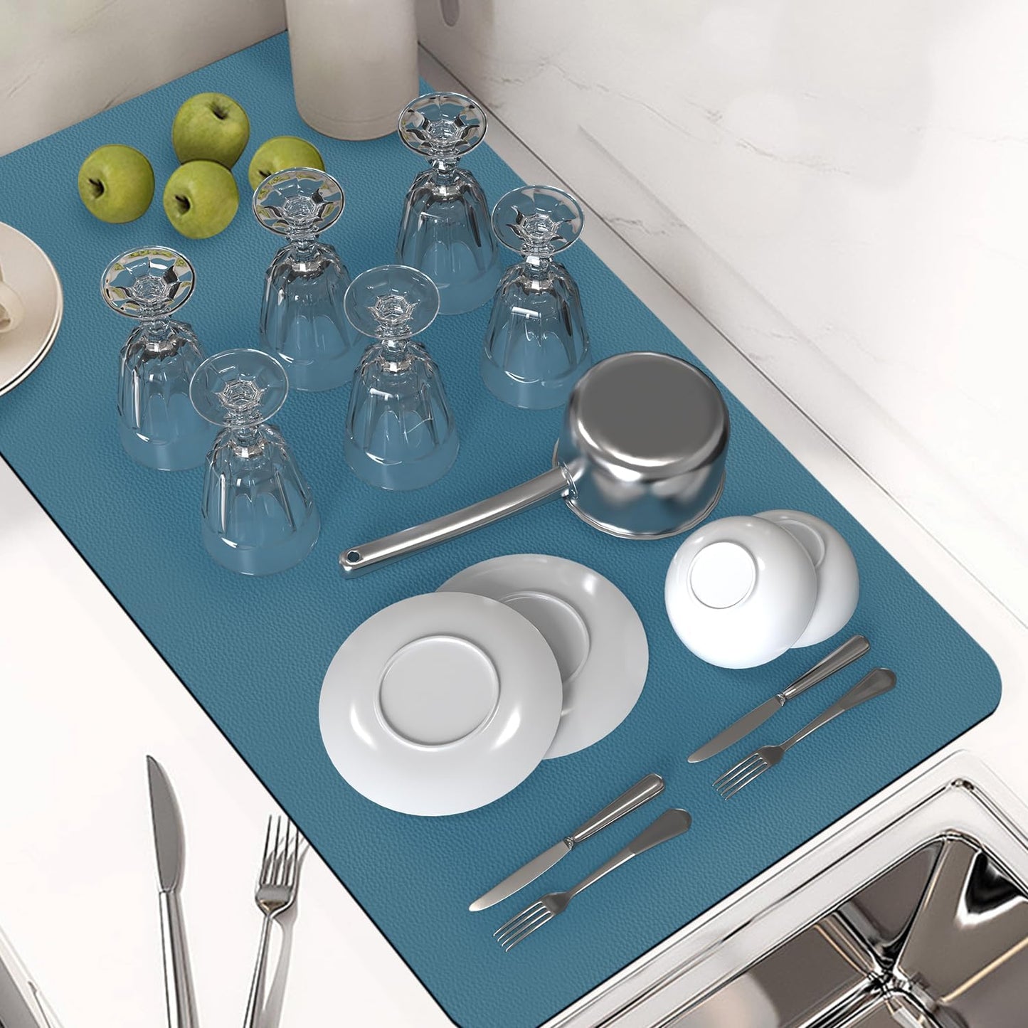 PoYang 31"x17" Coffee Mat X-Large, Coffee Bar Accessories for Countertop, Absorbent Dish Drying Mat, Anti-Slip and Hide Stain Pad for Espresso Machine, Espresso Maker and Kitchen Counter, Blue