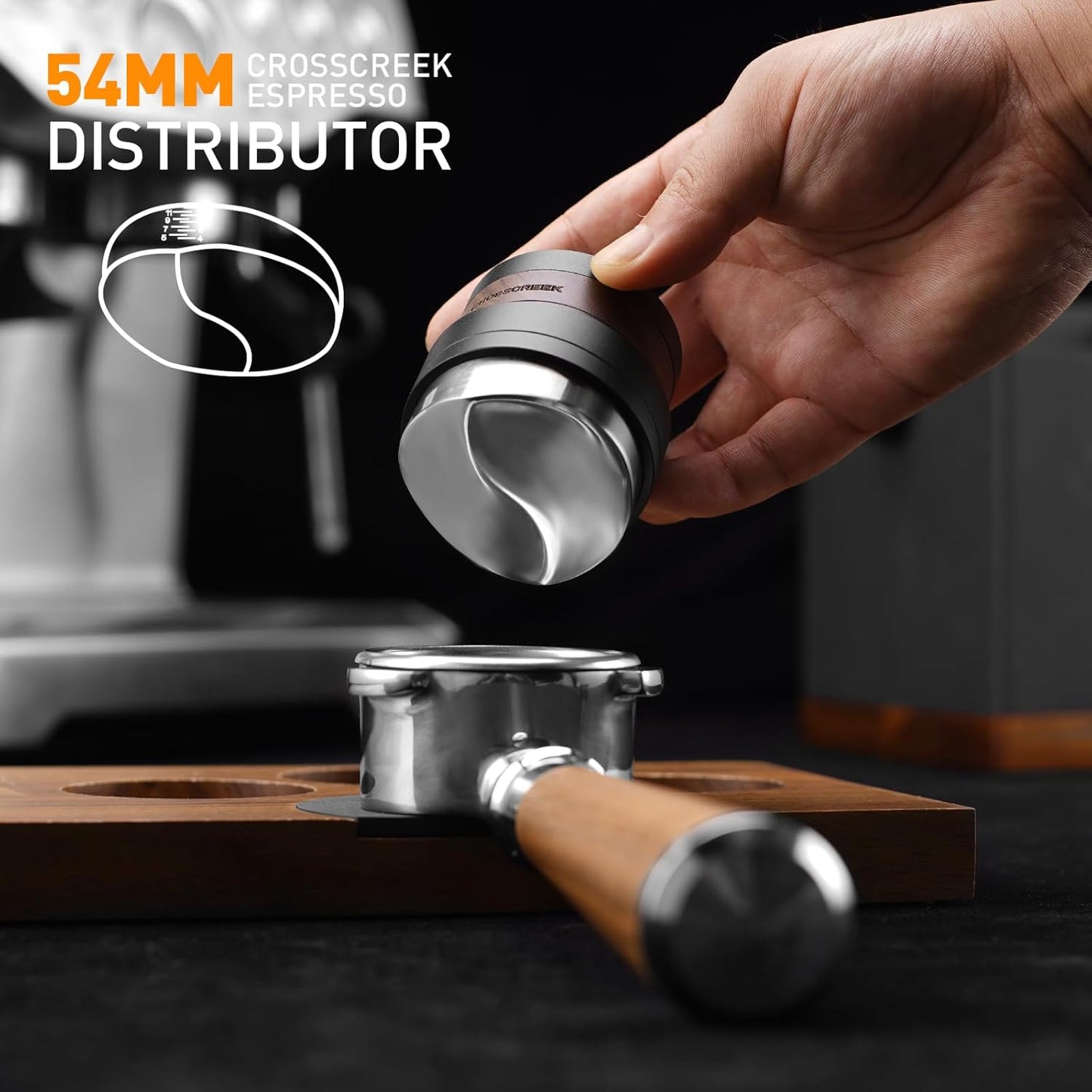 54mm Espresso Distributor | Gravity Adaptive Distribution Tools Fits 54mm Breville Espresso Portafilter | Self Leveling Distributor | Stainless Steel & Walnut | Espresso Machine Accessories