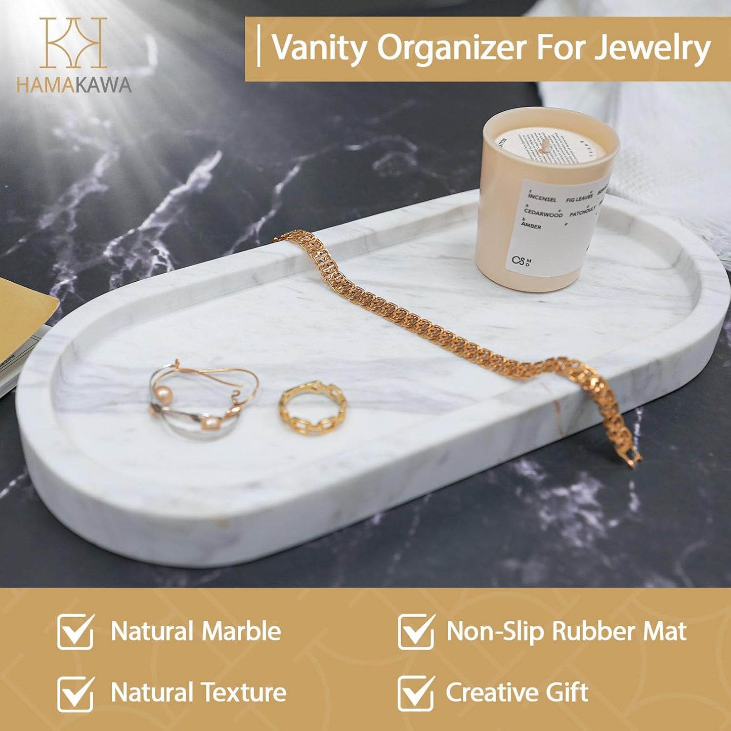 Bathroom Vanity Tray, Large Natural Marble Oval Sink Tray 10 Inch, Jazz White Limestone Dresser Tray for Soap Dispenser Modern Countertop Organizer for Kitchen Countertops, Home Decor