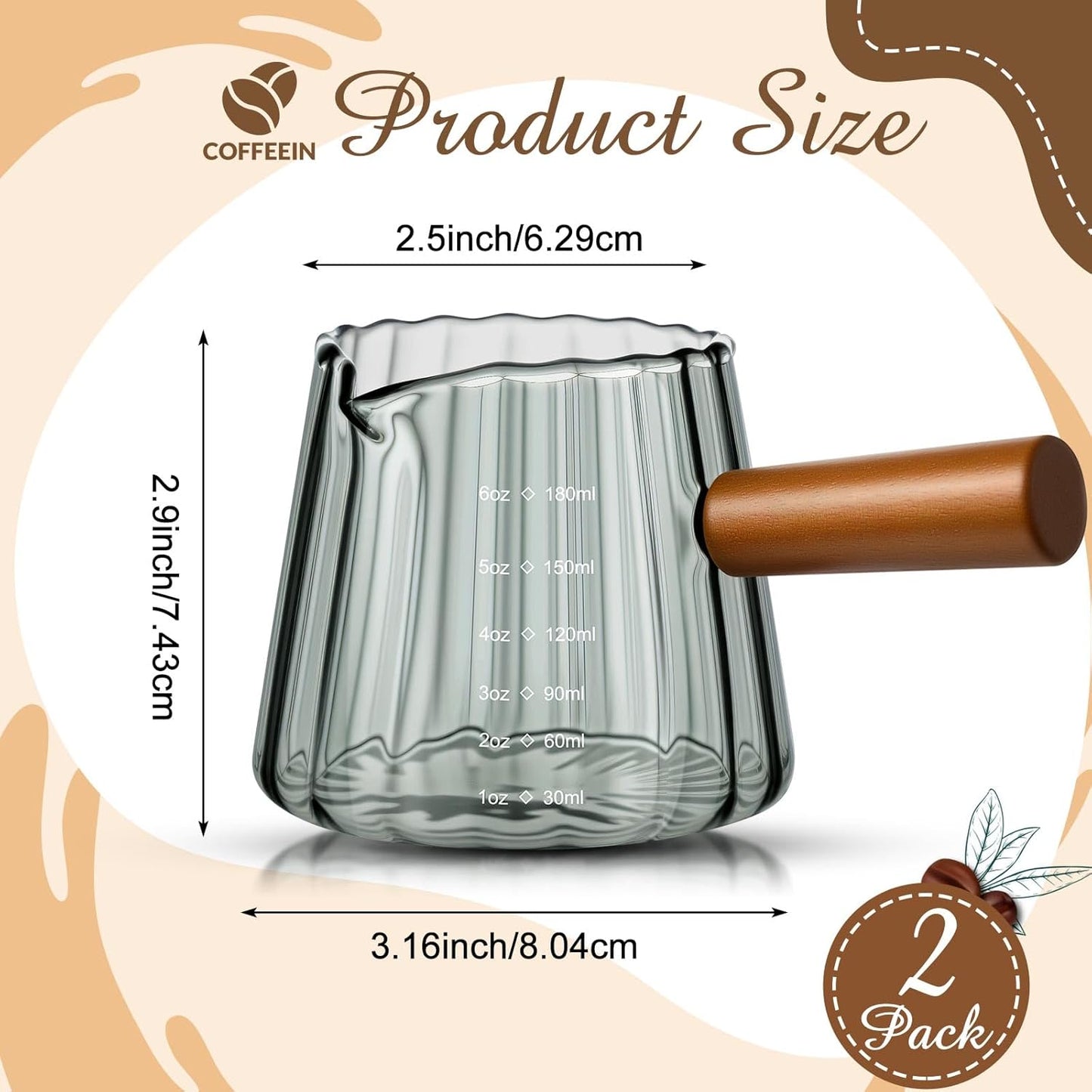 Espresso Shot Glass with Handle, 6 Oz/180 ml Espresso Cups with Single V-shaped Mouth, Measuring Cup for Milk Tea Coffee Bar Accessories(Gray,2 Pcs)