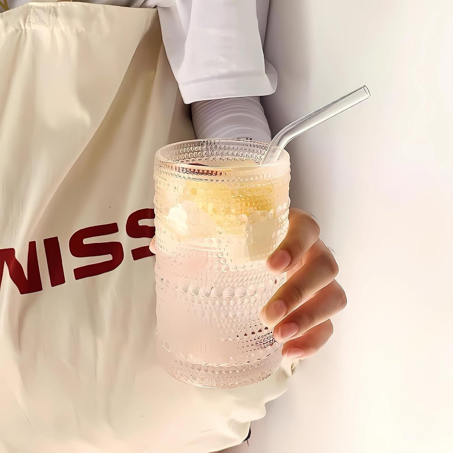 2 Pcs Iced Coffee Glasses Cups with Bamboo Lids and Straws,12 oz Thick Emboss Beaded Drinking Glass Cup Set,Latte Glasses,Ideal for Water,Soda,Gift - with Cleaning Brushe