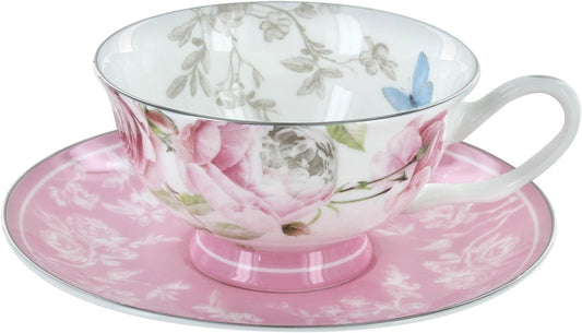 Beau Rose Bone China Teacup and Saucer Set of 4 | Elegant Pink Floral Design with Silver Trim | 8oz Teacups with 6 Inch Saucers | Dishwasher Safe | English Tea Cup Gift Set for Women or Guests