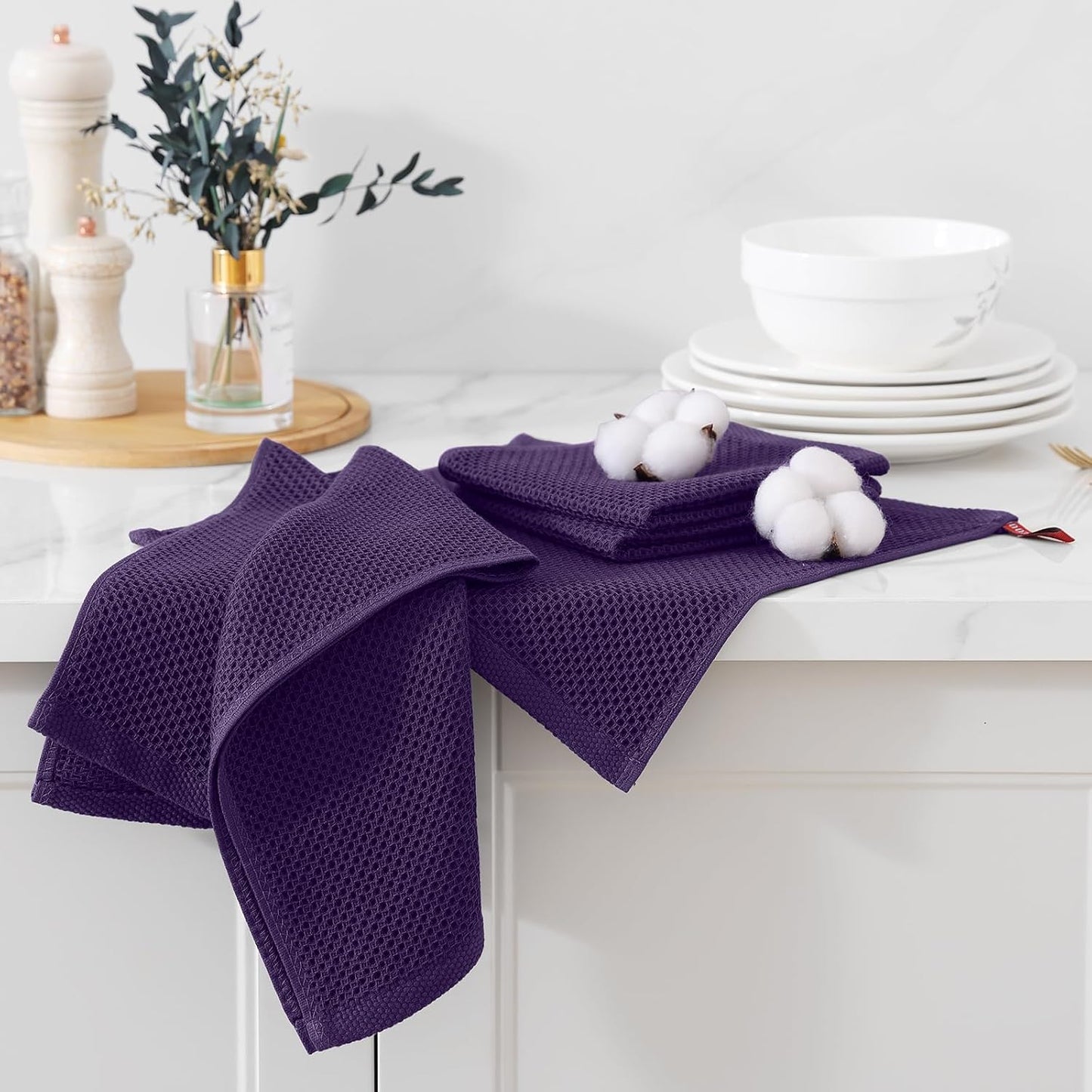 Kitinjoy 100% Cotton Kitchen Dish Cloths (12 X 12 Inches, Eggplant),6 Pack Waffle Weave Ultra Soft Absorbent Dish Towels for Drying Dishes Quick Drying Kitchen Towels Dish Rags