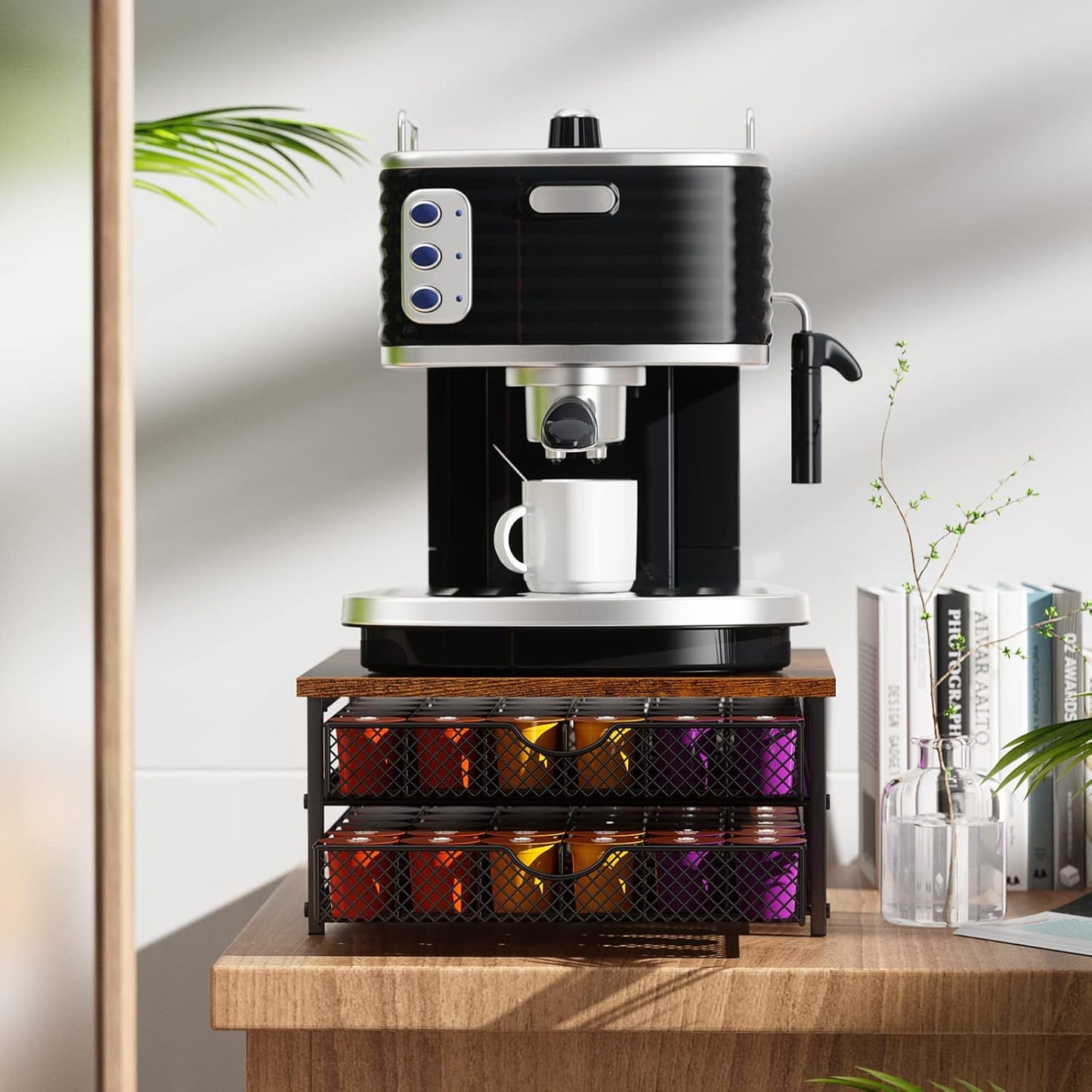 Coffee Pod Drawer K Cups Organizer 2-Tier Coffee Pod Storage Holder with Drawer Baskets 72 Capacity Coffee Capsule Storage Organizer Drawer, Industrial Brown and Black