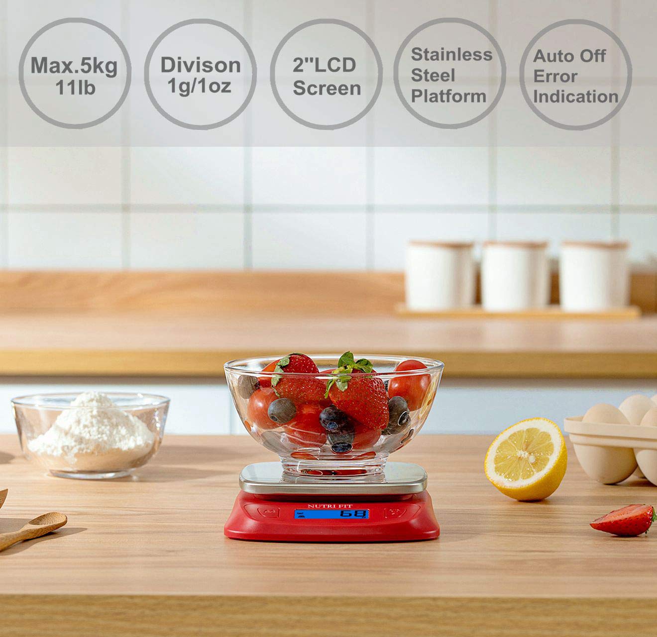 NUTRI FIT Ultra Slim Food Scale Digital Kitchen 1g Increment Measure in lb oz ml High Precision Weight in Grams and oz for Coffee Making, Meal Prep - Red/Stainless Steel