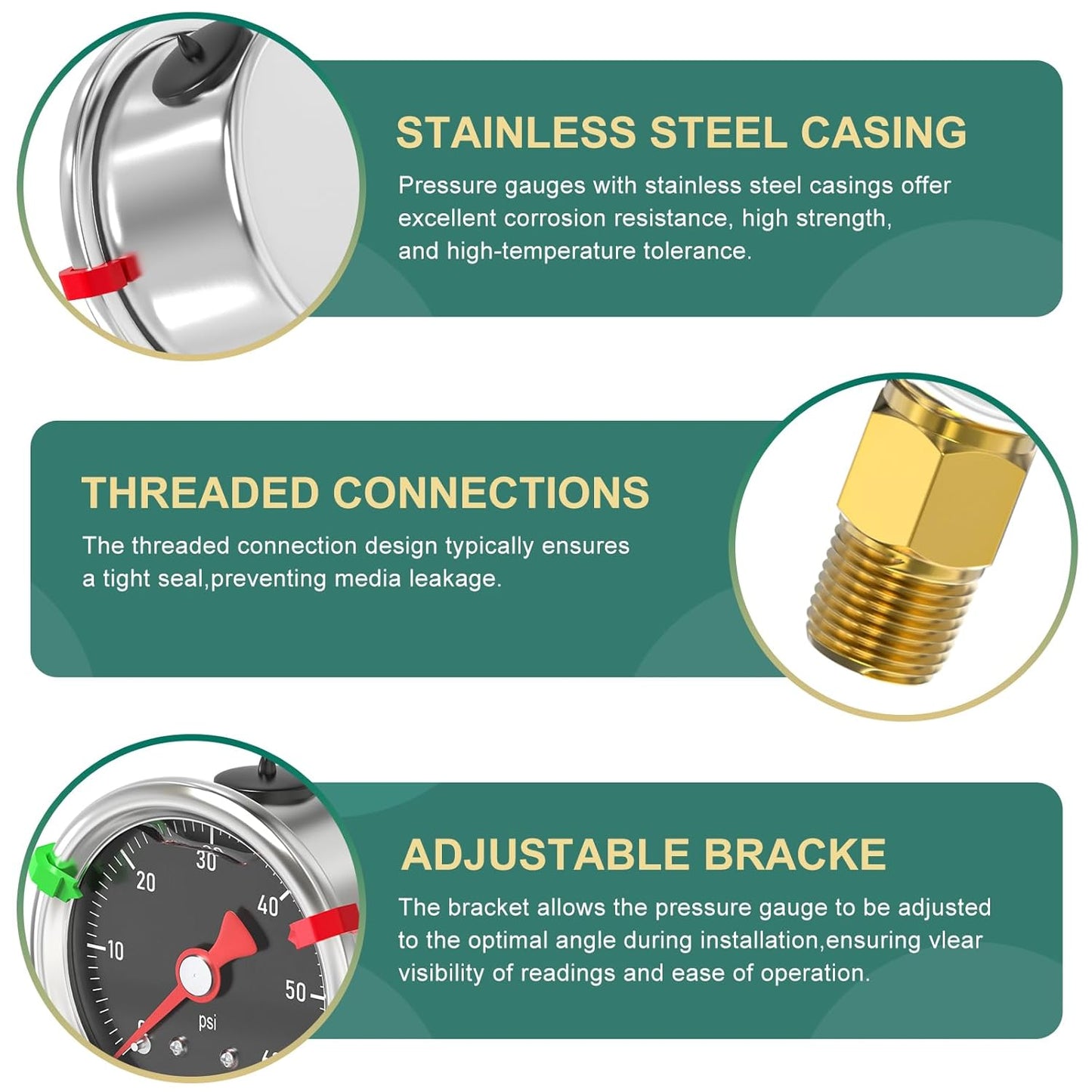 0-60PSI Stainless Steel Glycerin Filled Pressure Gauge 1.5" Black Dial Size, 1/8" NPT Lower Mount, for Tube, Water Pump, Gas, Liquid, Pressure Test (with Range Mark Pointer)