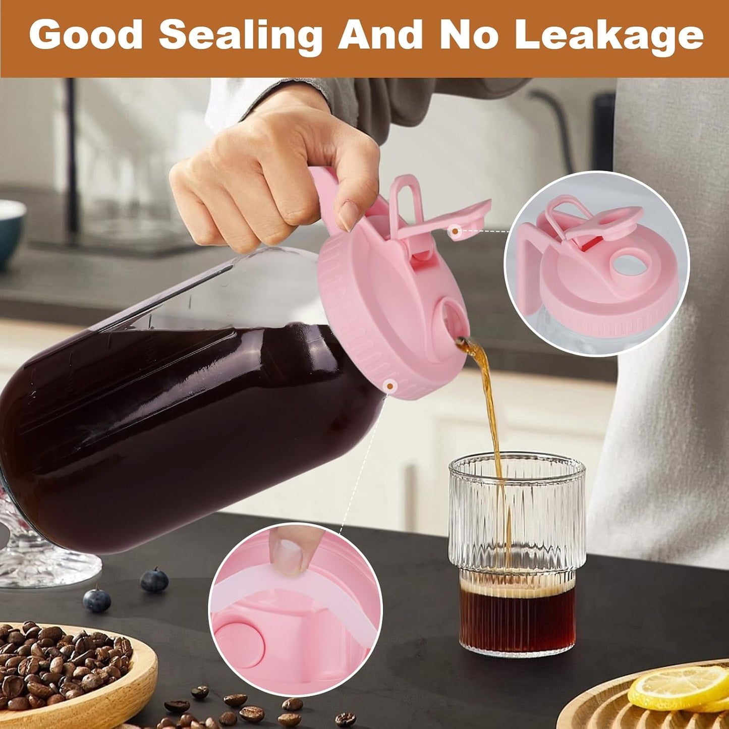 Cold Brew Coffee Maker，64 oz Wide Mouth Mason Jar Pitcher with Stainless Steel Filter, Pour Spout Handle Lid, Heavy Duty Glass Airtight & Leak-Proof Pitcher for iced coffee & Tea Lemonade-Pink