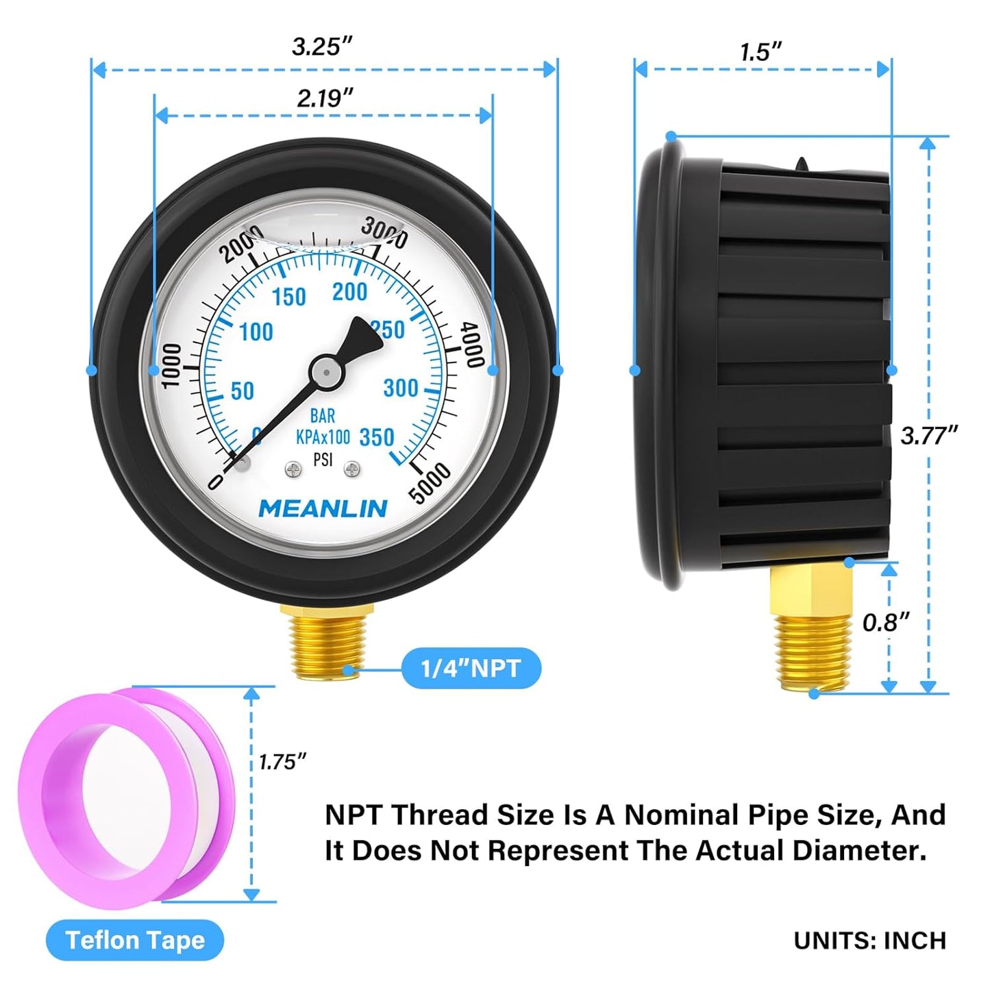 MEANLIN MEASURE 0~5000Psi Stainless Steel Liquid Filled Pressure Gauge 1/4" NPT 2.5" FACE DIAL with Rubber Protective Sleeve, Lower Mount