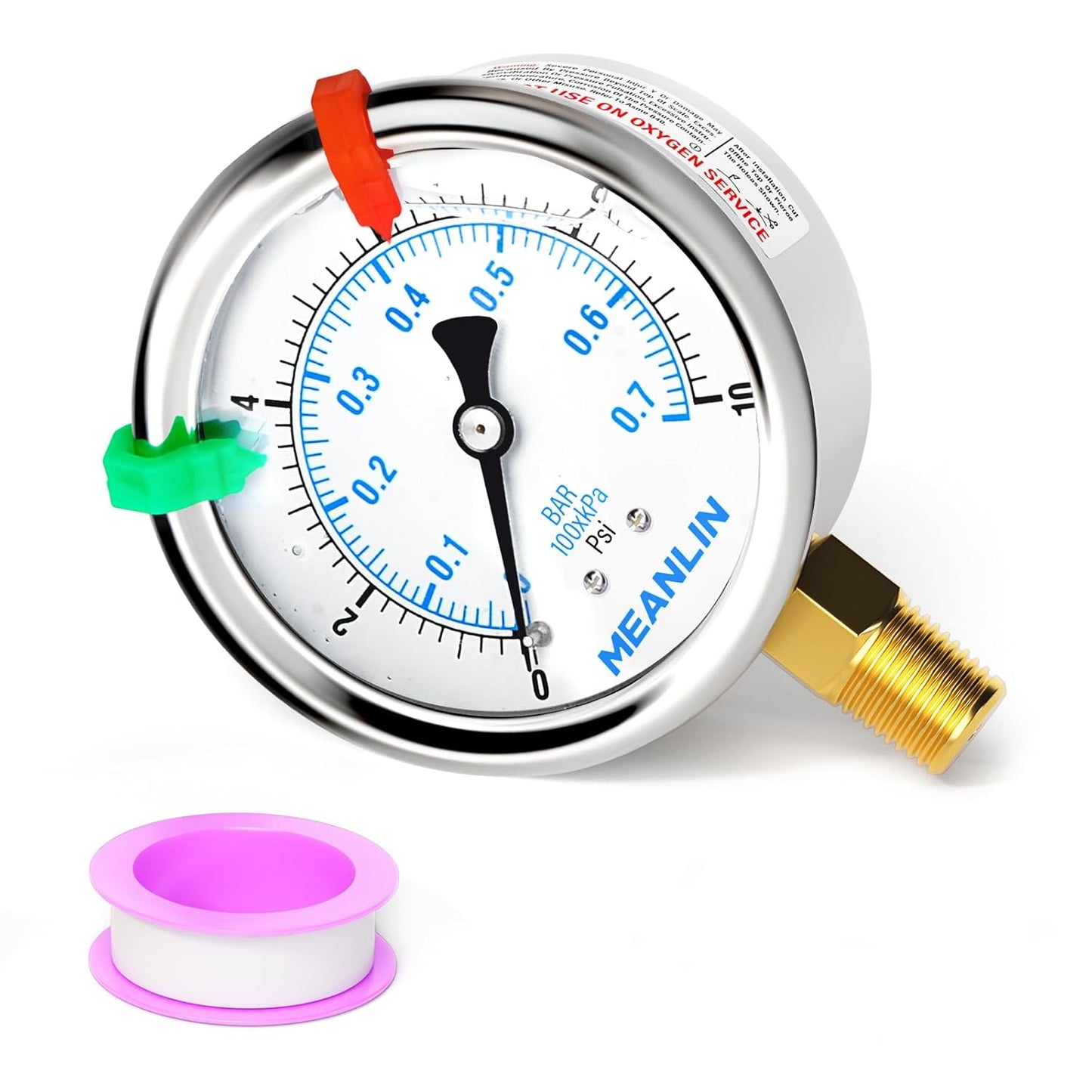 MEANLIN MEASURE 0~10Psi Liquid Filled Pressure Gauge 1/4" NPT 2.5" FACE DIAL Stainless Steel Glycerin Filled WOG Water Oil Air Lower Mount (with 2PCS Snaps)