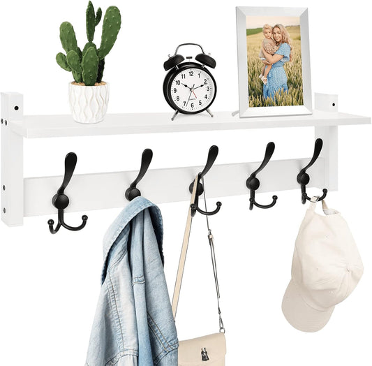Homode Wall Shelf with Hooks, 24 Inch Coat Rack with Tri Hooks, Farmhouse Entryway Floating Coat Hanger with Storage for Bathroom, Entry Way, Mudroom, White